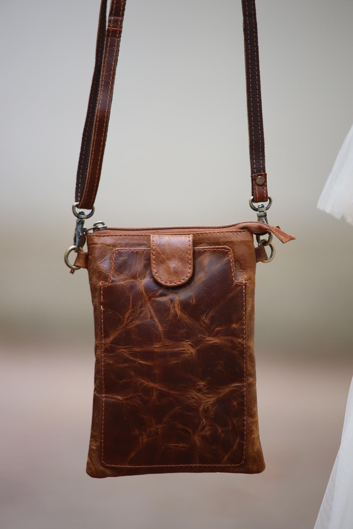 Tan Snap Pocket Zippered Leather Bag