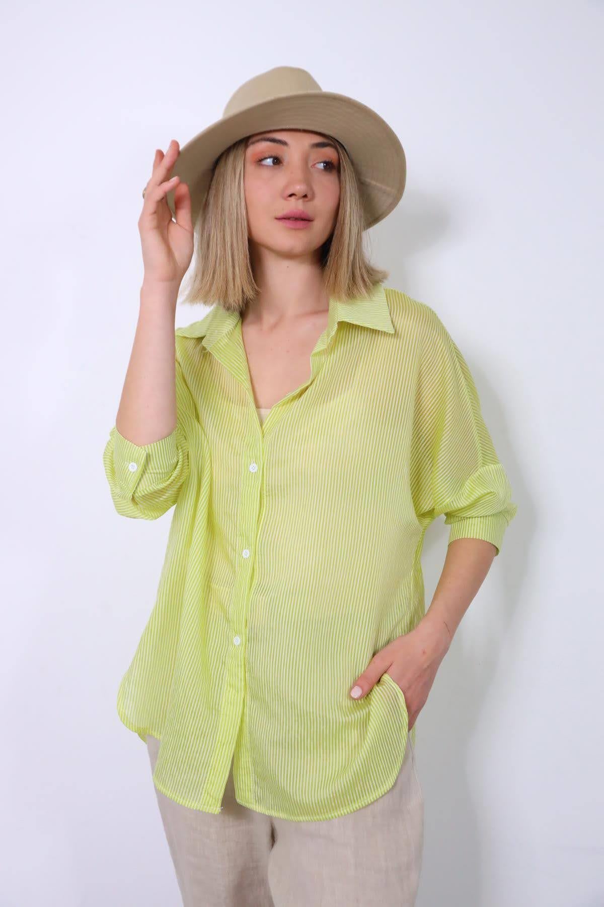 Fıstık Yeşili Çizgili Dik Yaka Gömlek - Şaman Butik Fıstık Yeşili Çizgili Dik Yaka Gömlek