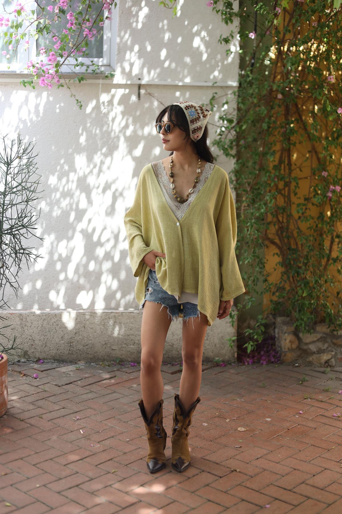Pistachio Green Single Button Linen Cardigan