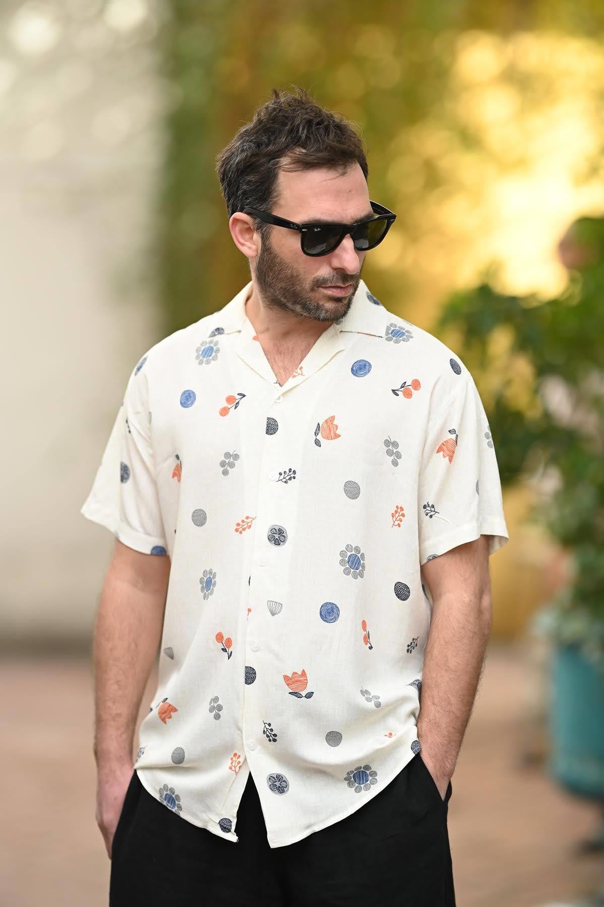 Ecru Patterned Short Sleeve Mens Shirt