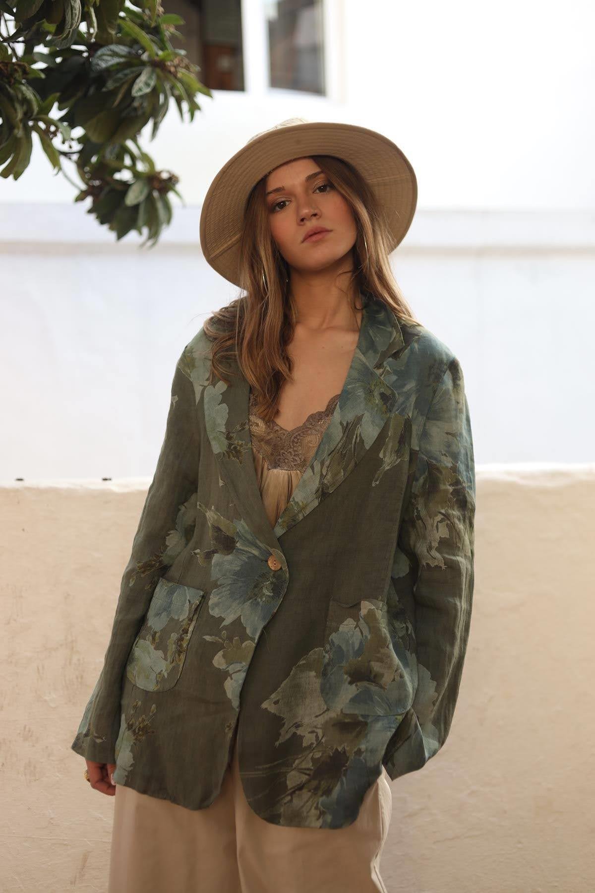 Haki Desenli Tek Düğmeli Keten Ceket