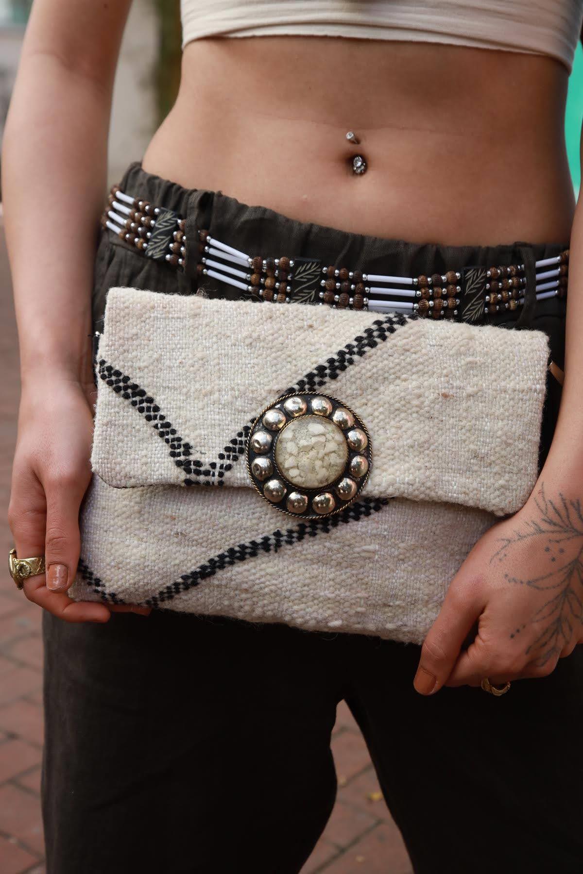 Cream Color Woven Stone Detailed Bag