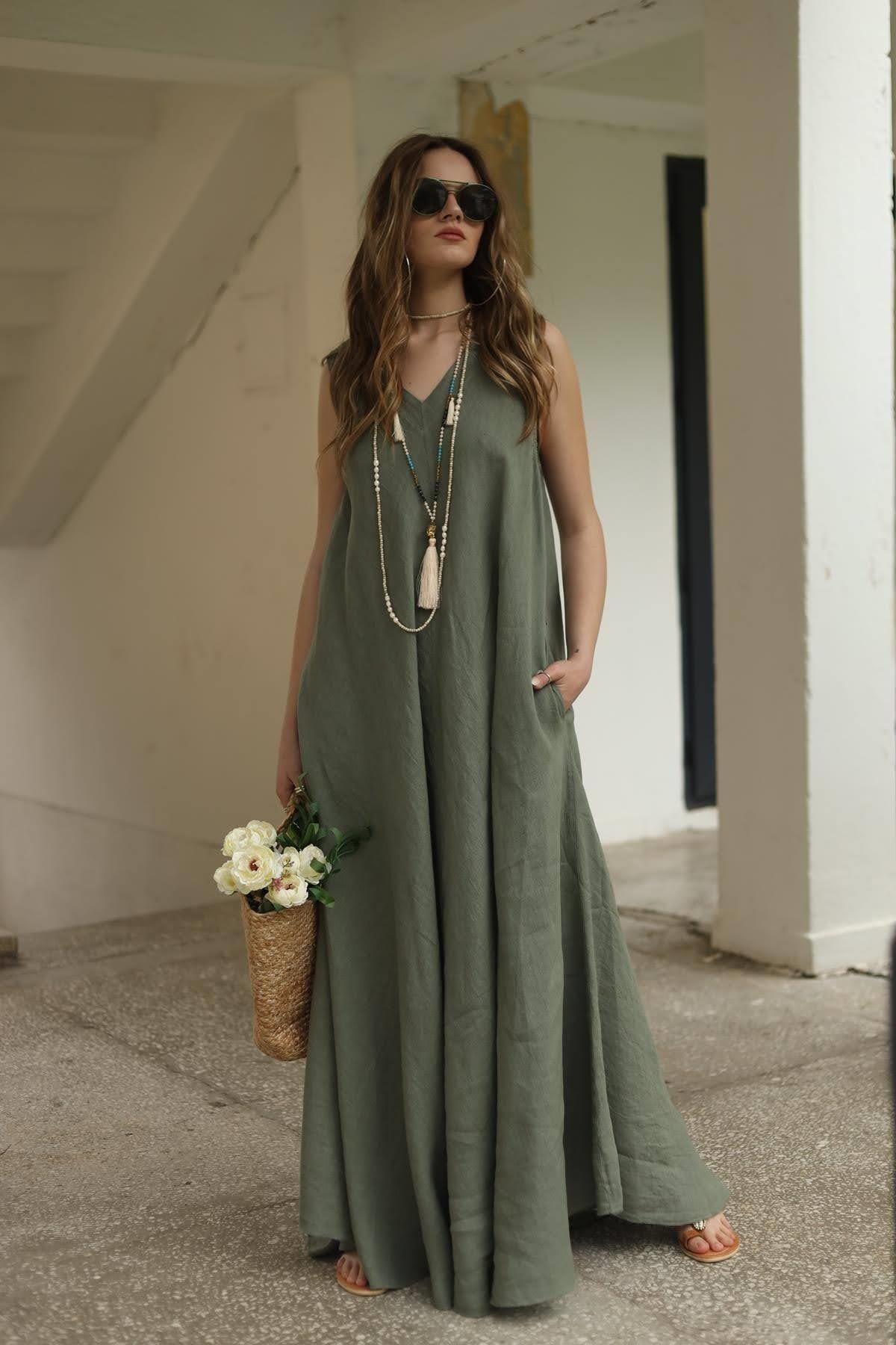 Haki V Yaka Cepli Kolsuz Keten Elbise