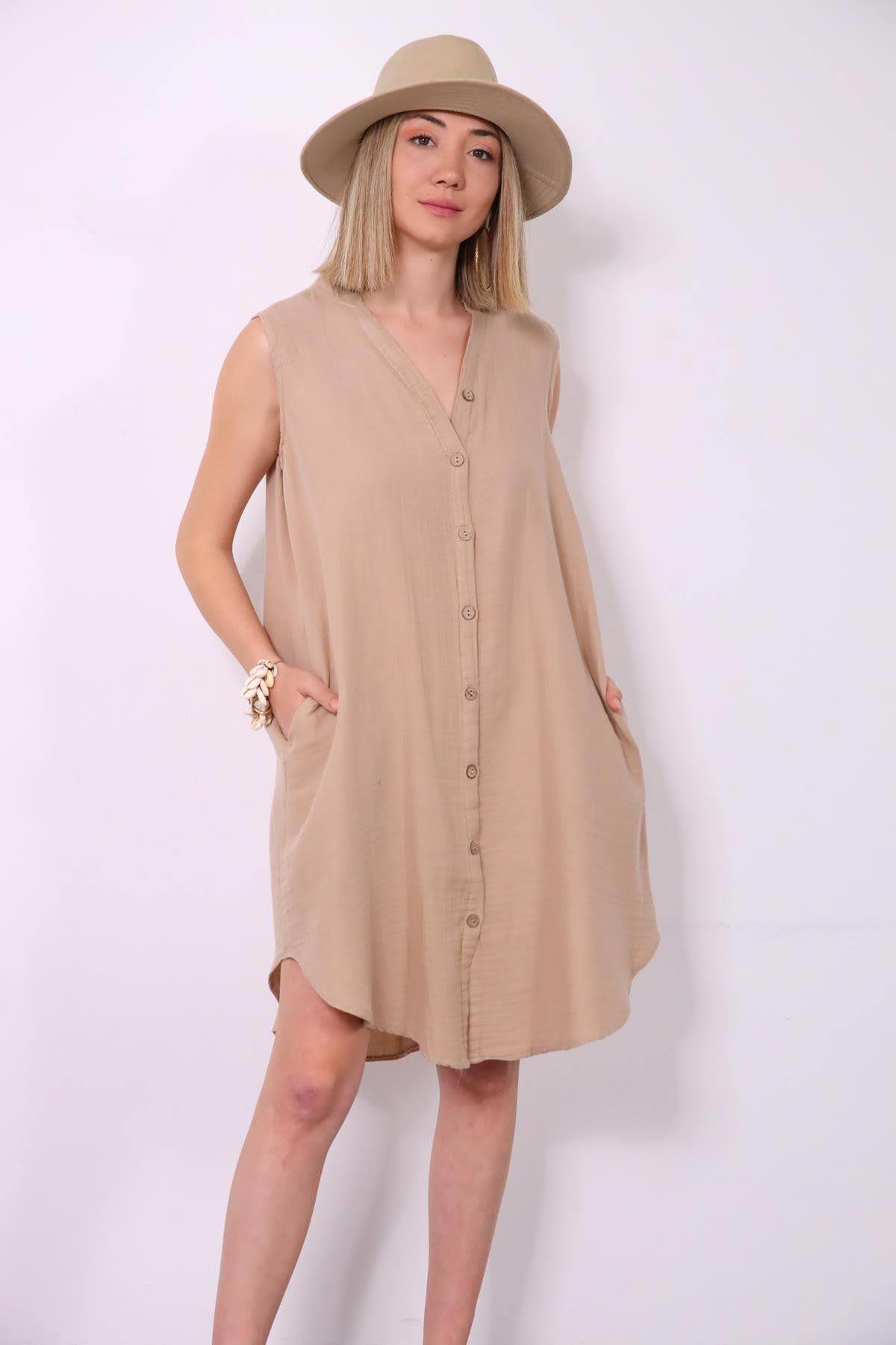 Sütlü Kahve Hakim Yaka Kolsuz Müslin Gömlek Elbise - Şaman Butik Sütlü Kahve Hakim Yaka Kolsuz Müslin Gömlek Elbise