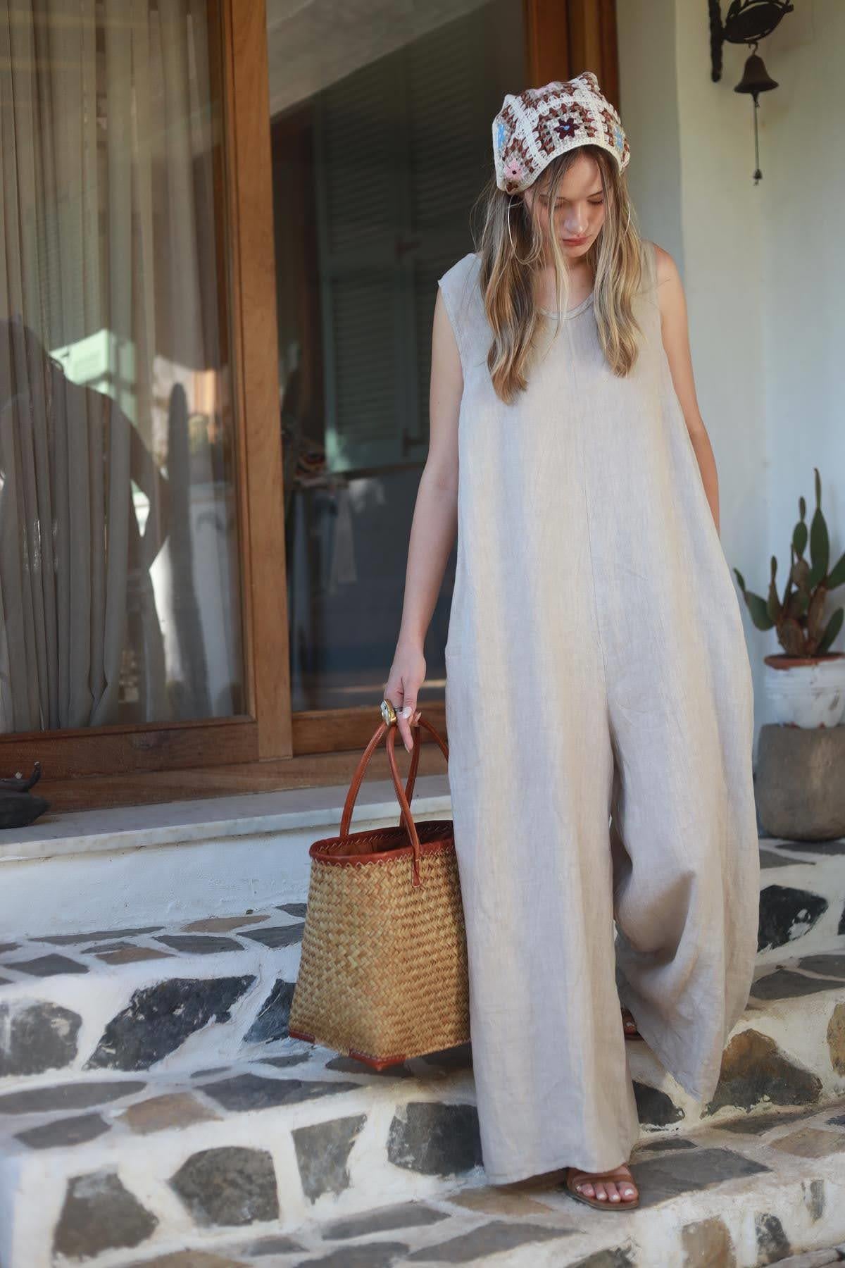 Cream Color Zipper Linen Jumpsuit