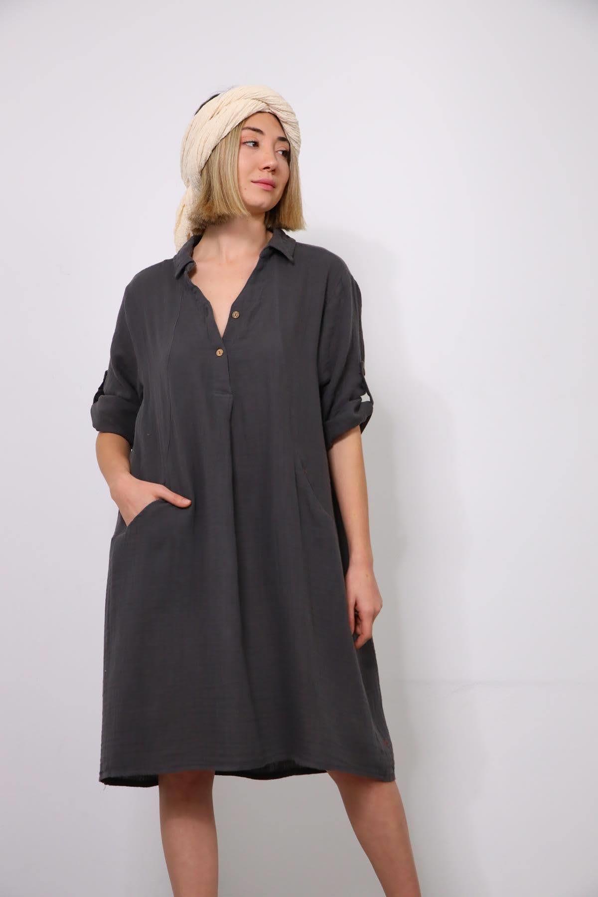 Antrasit Gömlek Yaka Cepli Müslin Elbise - Şaman Butik Antrasit Gömlek Yaka Cepli Müslin Elbise
