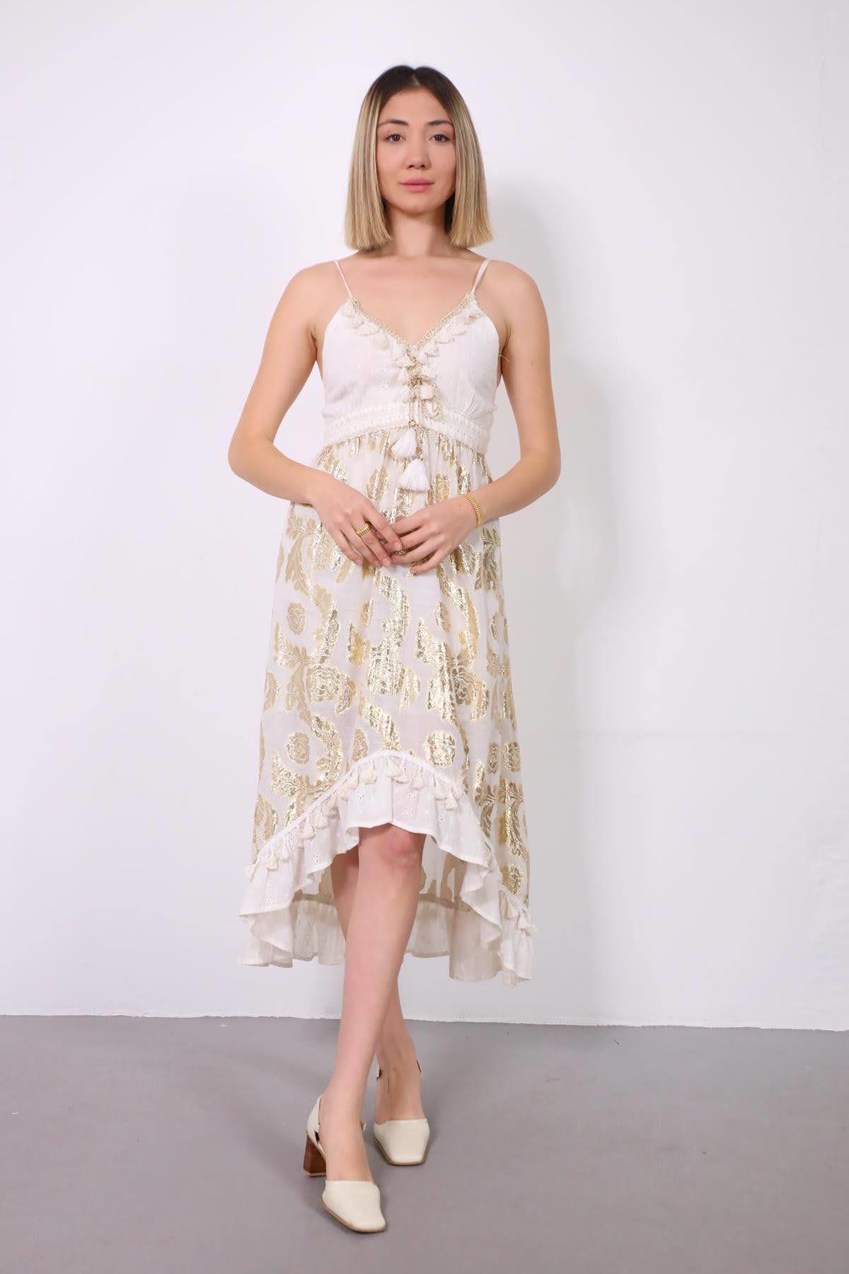 Beyaz V Yaka Parlak Desenli Güpürlü Elbise - Şaman Butik Beyaz V Yaka Parlak Desenli Güpürlü Elbise