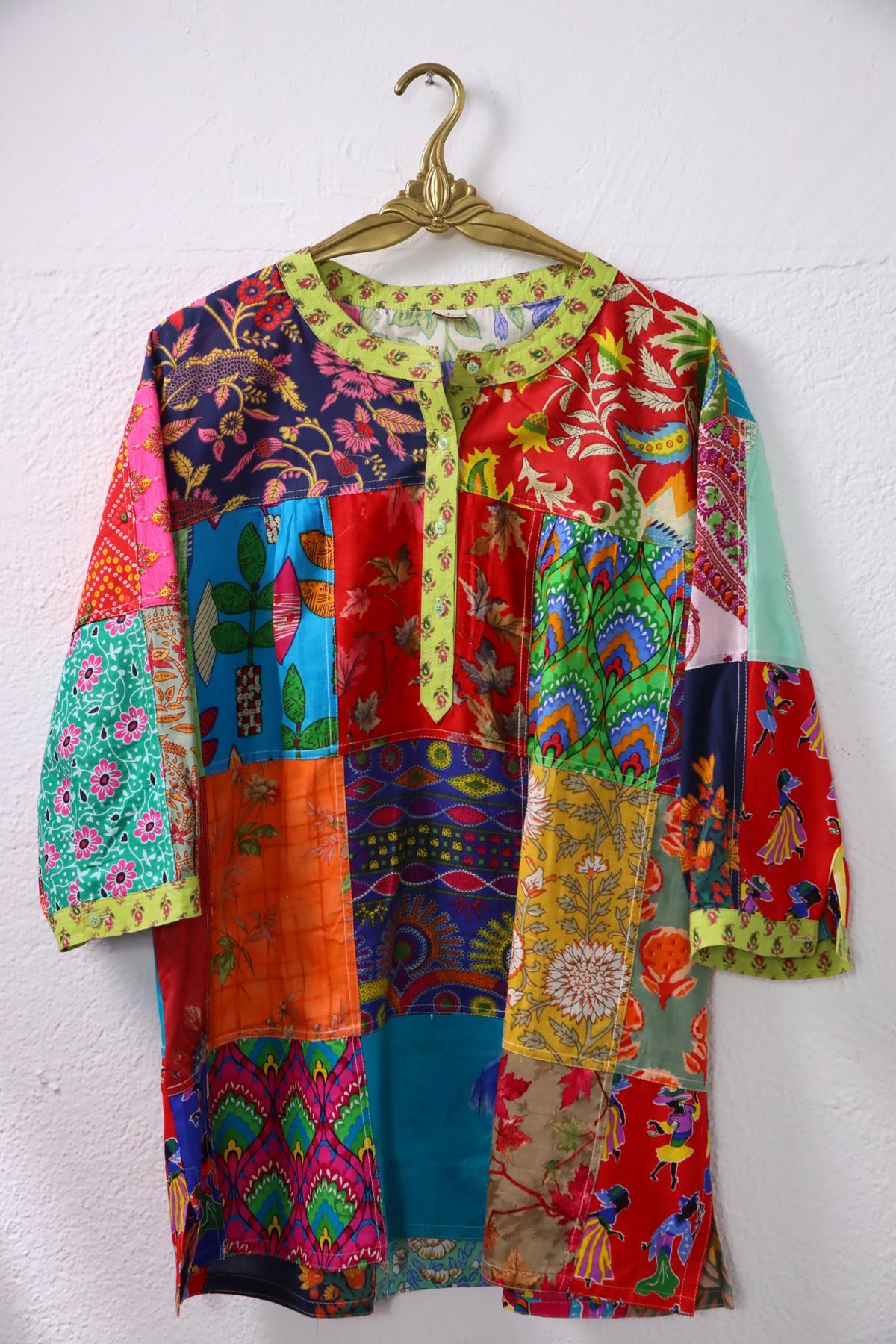 Renkli Yakası Düğmeli Patchwork Tunik - Şaman Butik Renkli Yakası Düğmeli Patchwork Tunik