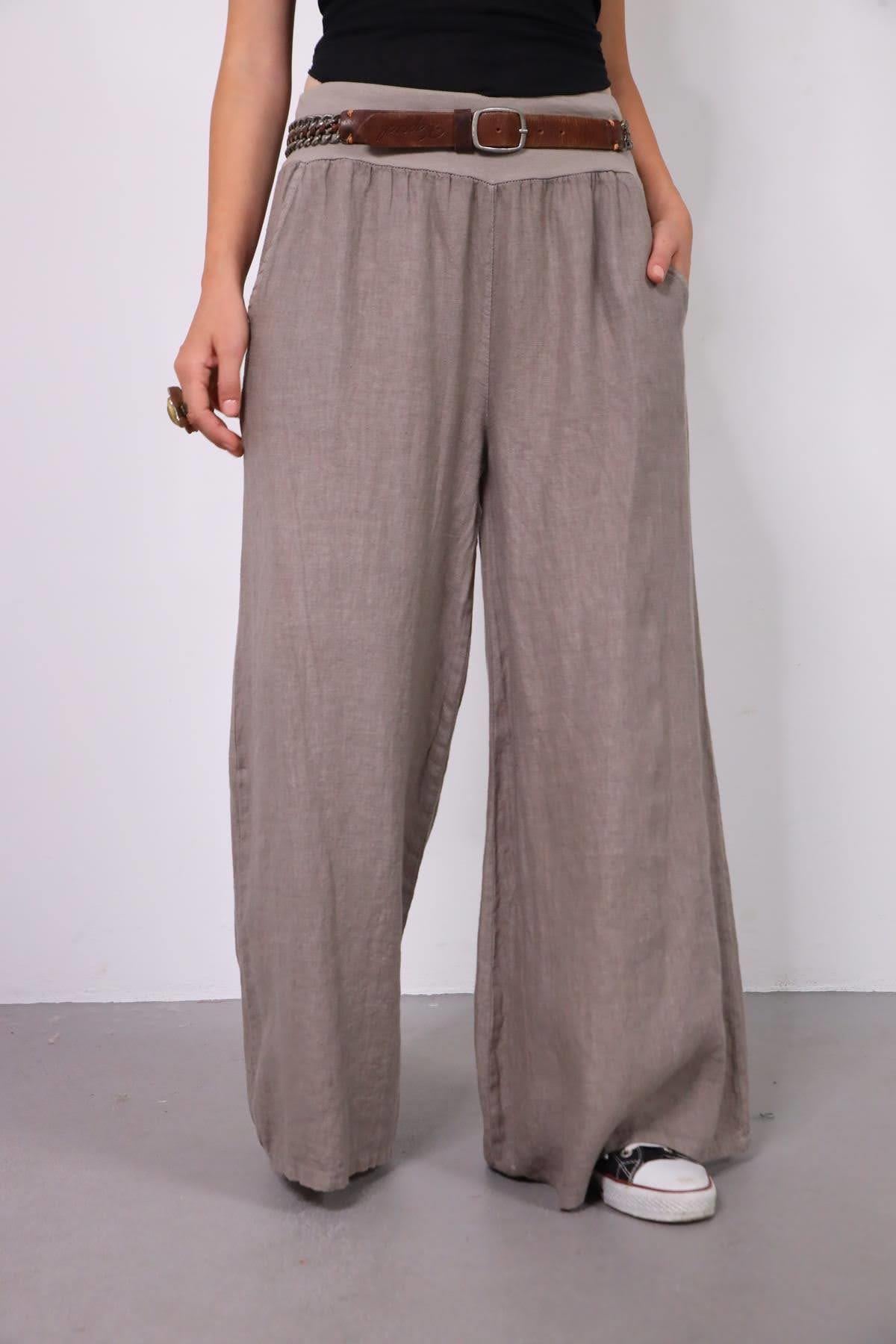 Vizon Rengi Beli Lastikli Keten Salaş Pantolon - Şaman Butik Vizon Rengi Beli Lastikli Keten Salaş Pantolon