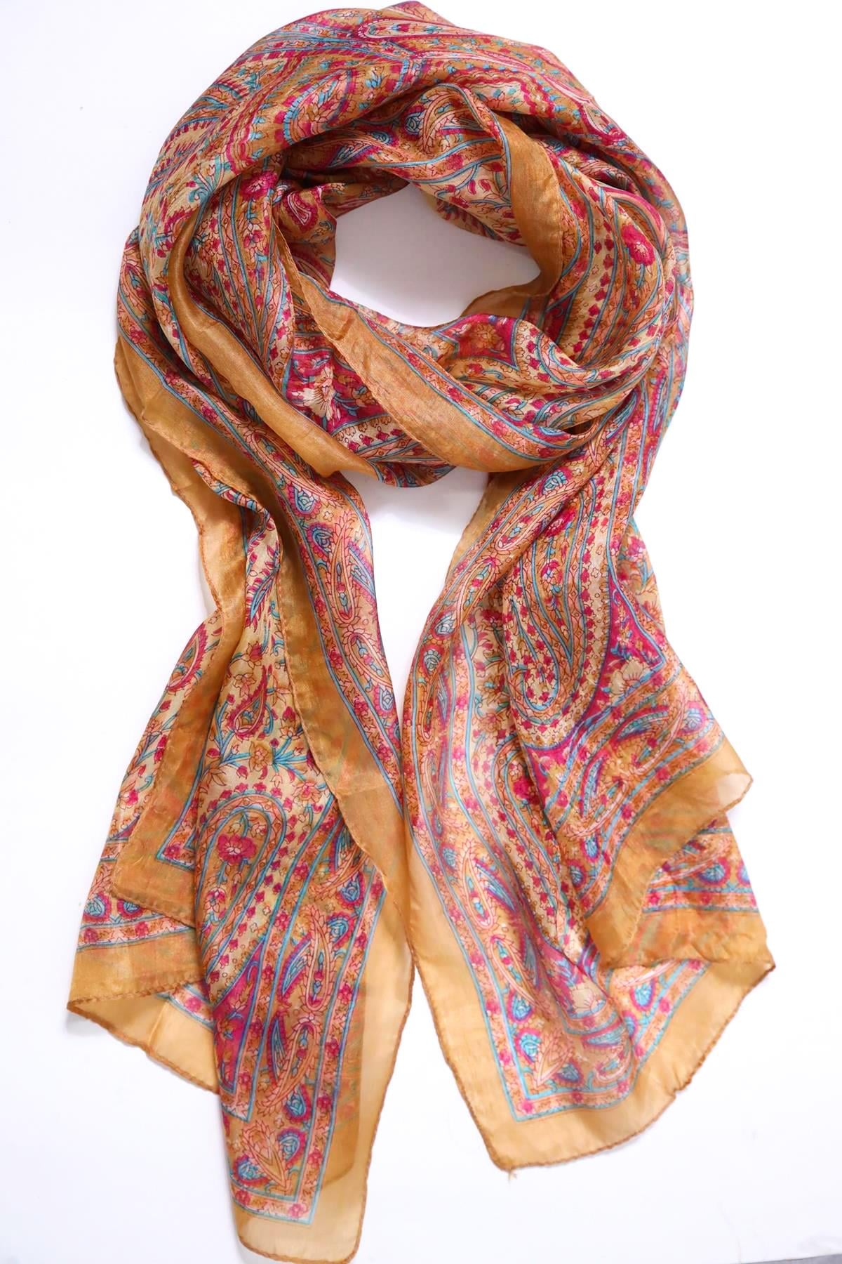 Camel Rengi Desenli İpek Şal - Şaman Butik Camel Rengi Desenli İpek Şal