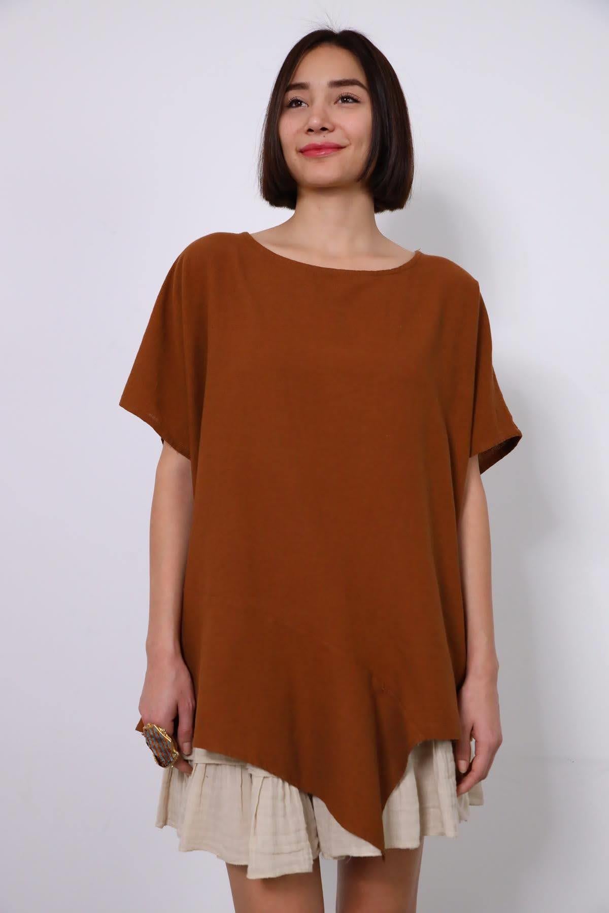 Taba Asimetrik Keten Bluz - Şaman Butik Taba Asimetrik Keten Bluz