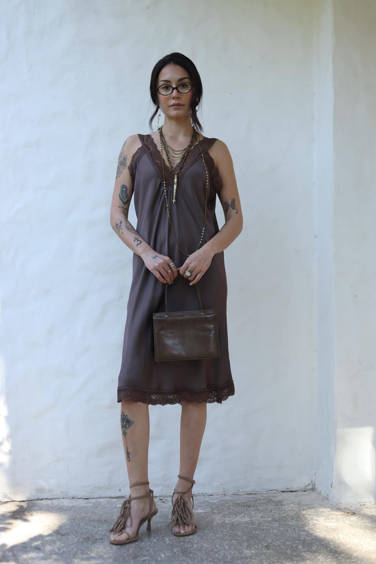 Brown Lace Embroidered Short Dress
