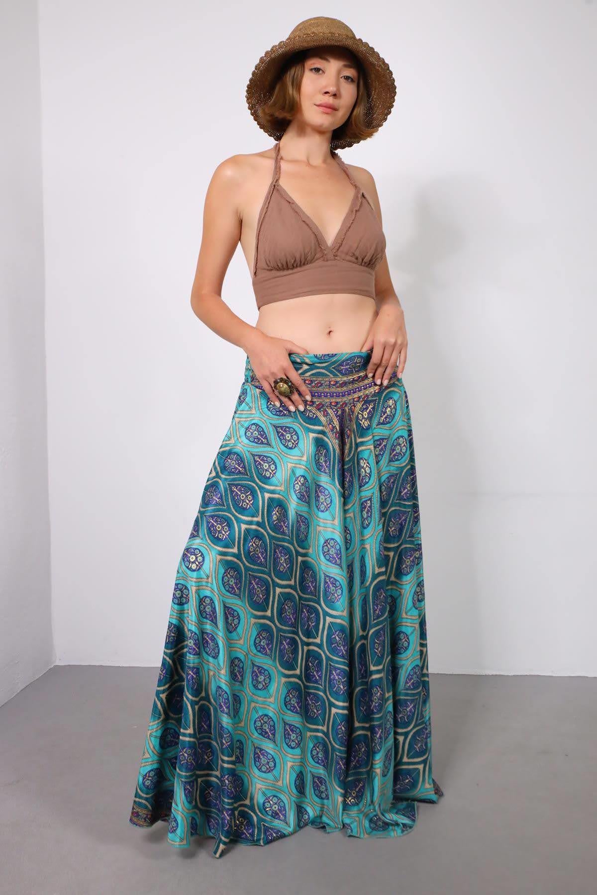 Turkuaz Şal Desenli İpek Pantolon Etek - Şaman Butik Turkuaz Şal Desenli İpek Pantolon Etek