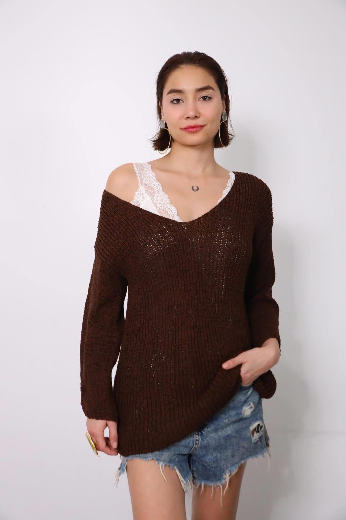 Kahverengi V Yaka Uzun Kollu Merserize - Şaman Butik Kahverengi V Yaka Uzun Kollu Merserize