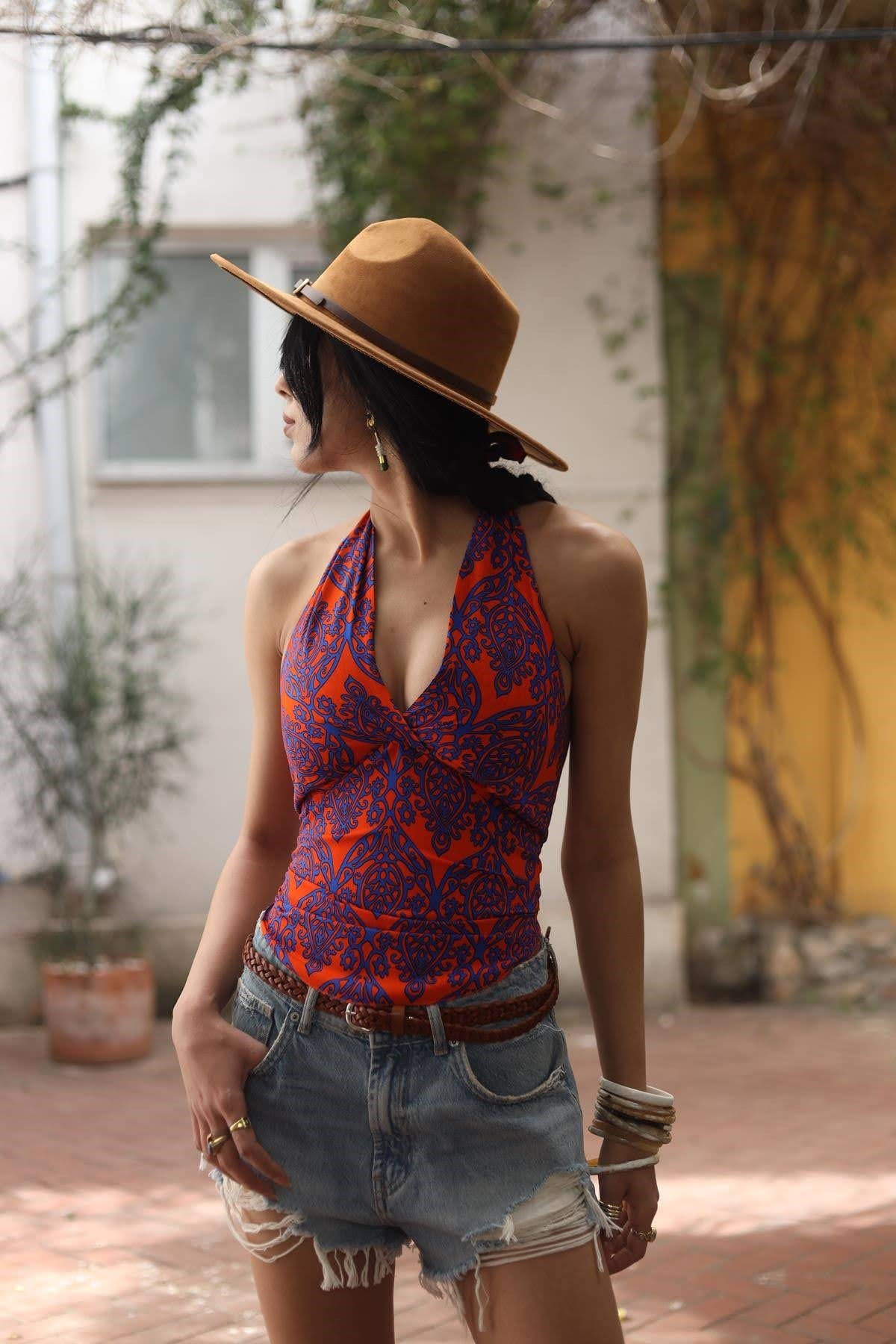 Turuncu Otantik Desenli Bulmaca Bluz