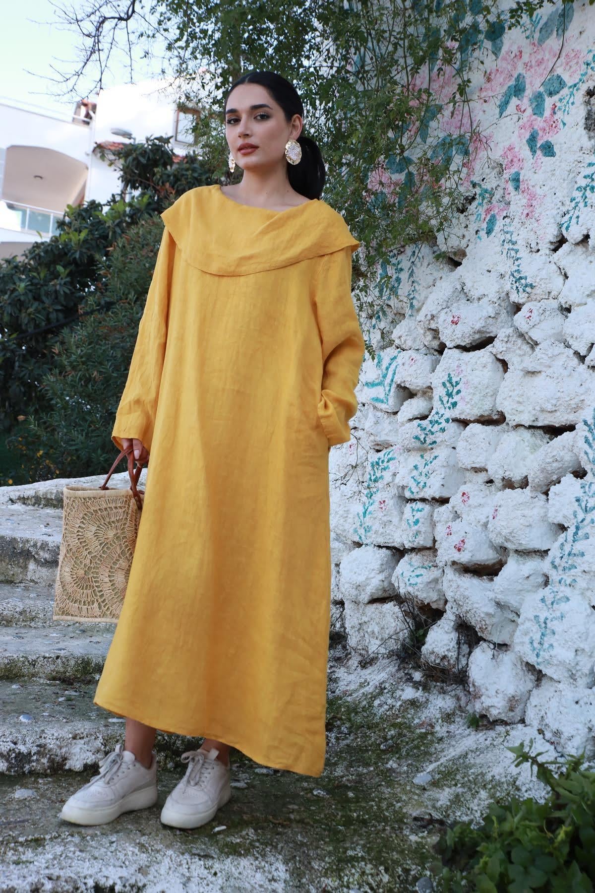 Mustard Color Off Shoulder Collar Linen Dress