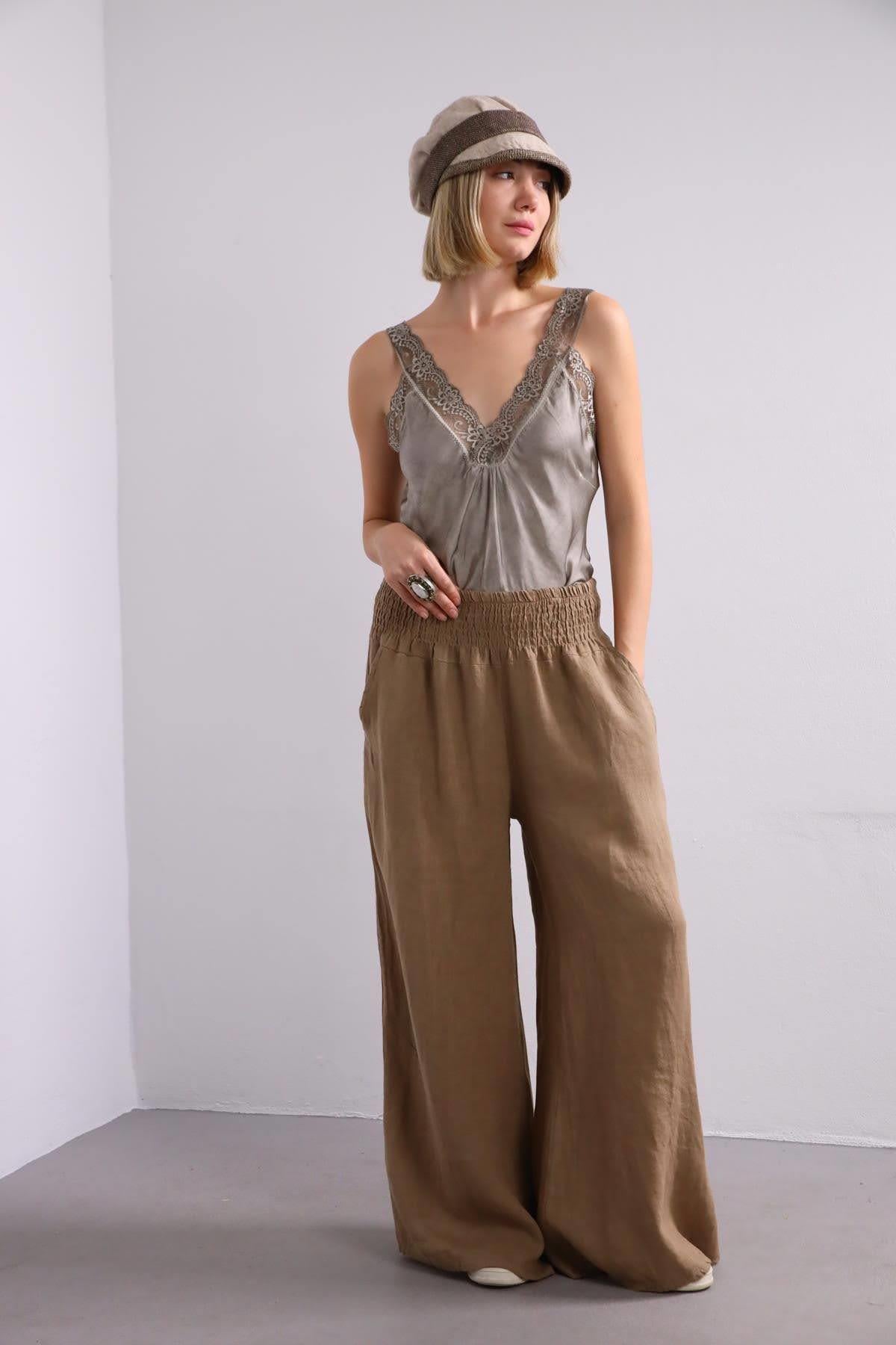 Camel Rengi Beli Lastikli Salaş Keten Pantolon - Şaman Butik Camel Rengi Beli Lastikli Salaş Keten Pantolon