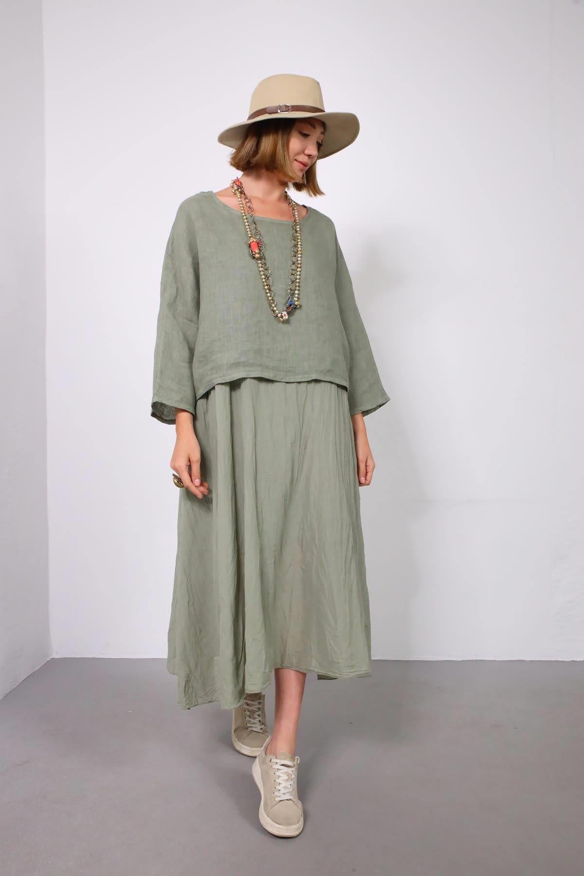 Haki Bluz Detaylı Askılı Keten Elbise - Şaman Butik Haki Bluz Detaylı Askılı Keten Elbise