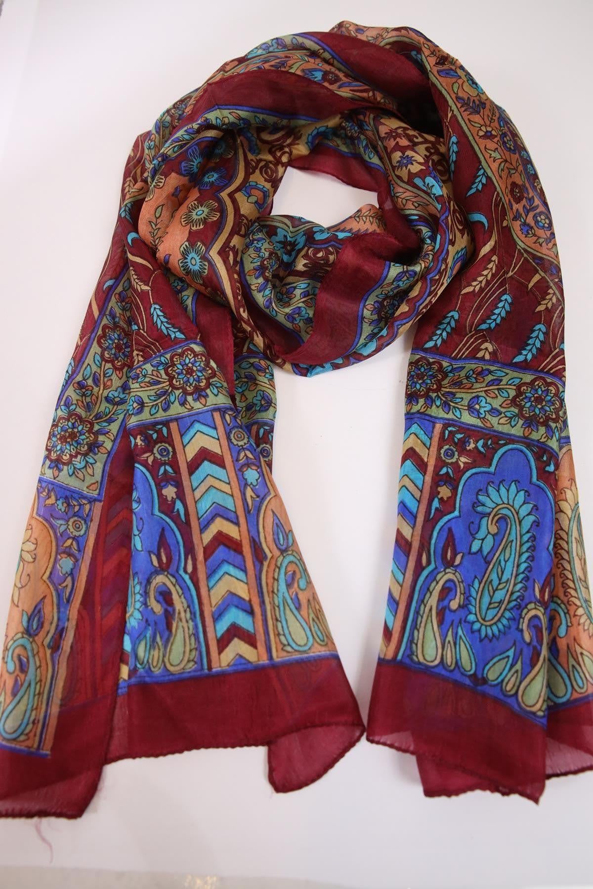 Bordo Desenli İpek Şal - Şaman Butik Bordo Desenli İpek Şal