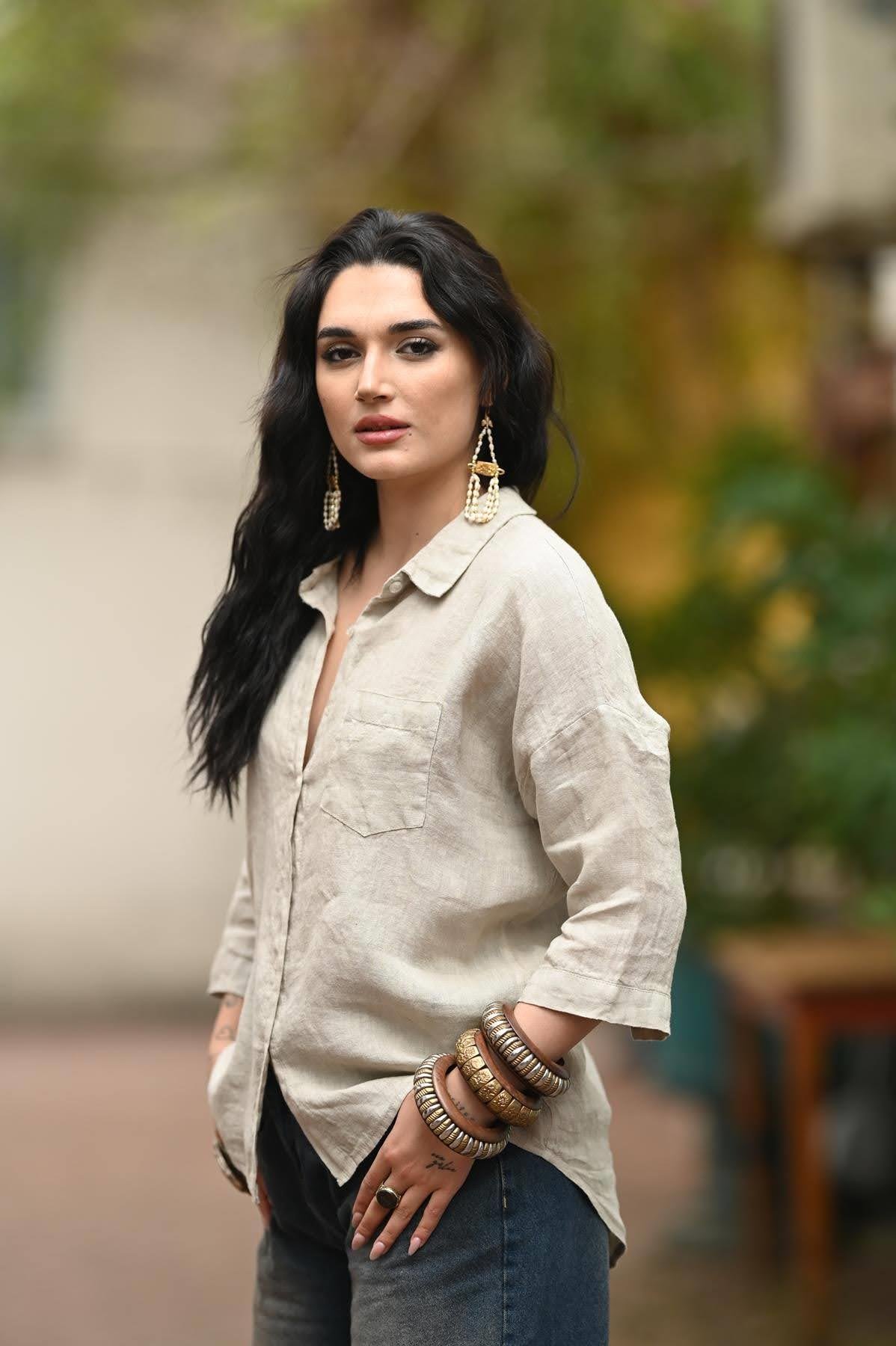 Beige Back Ring Detailed Linen Shirt
