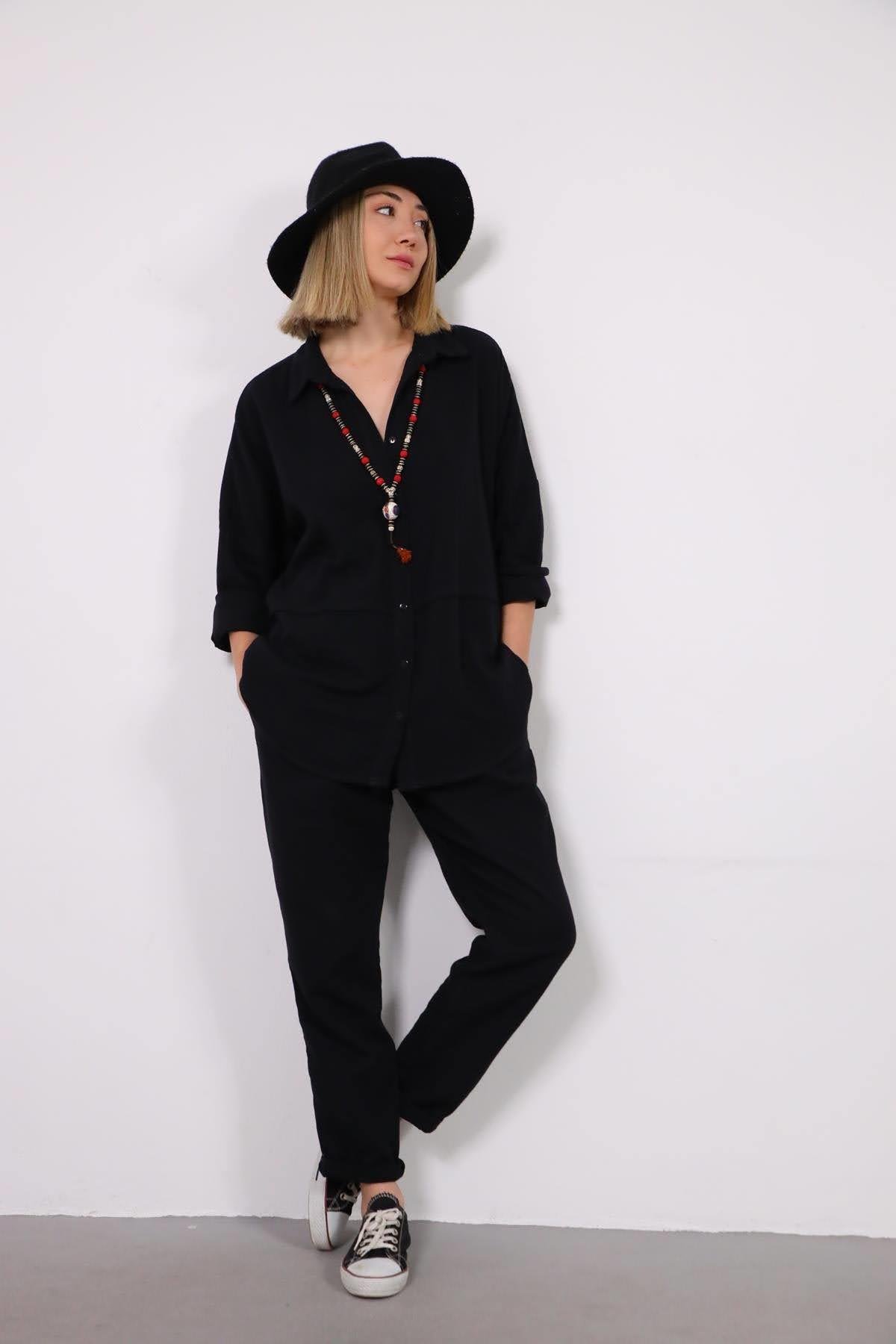 Siyah Gömlek ve Pantolon Takım - Şaman Butik - Bohem Giyim ve Aksesuar | Kadın & Erkek Siyah Gömlek ve Pantolon Takım