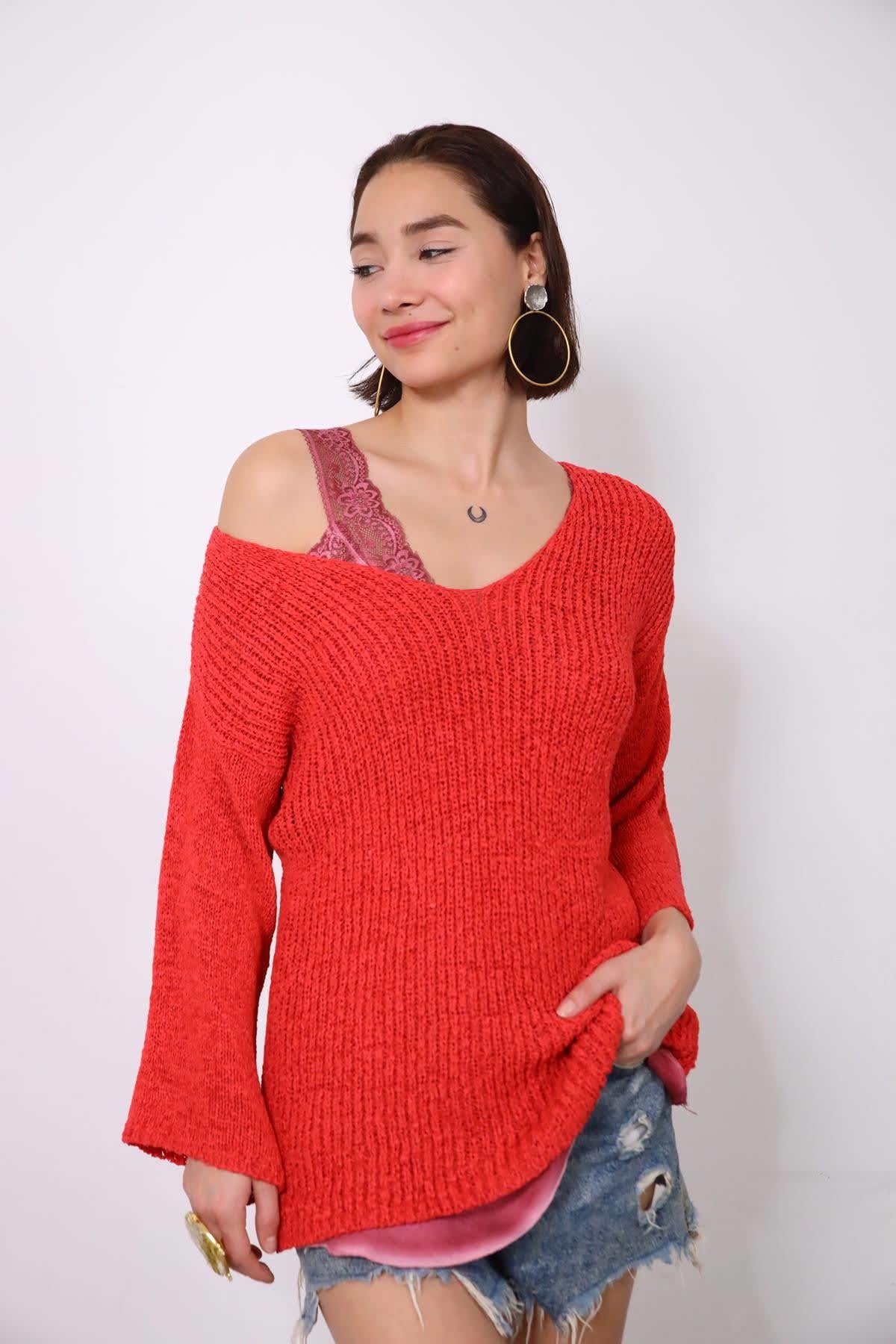 Mercan Rengi V Yaka Uzun Kollu Merserize - Şaman Butik Mercan Rengi V Yaka Uzun Kollu Merserize