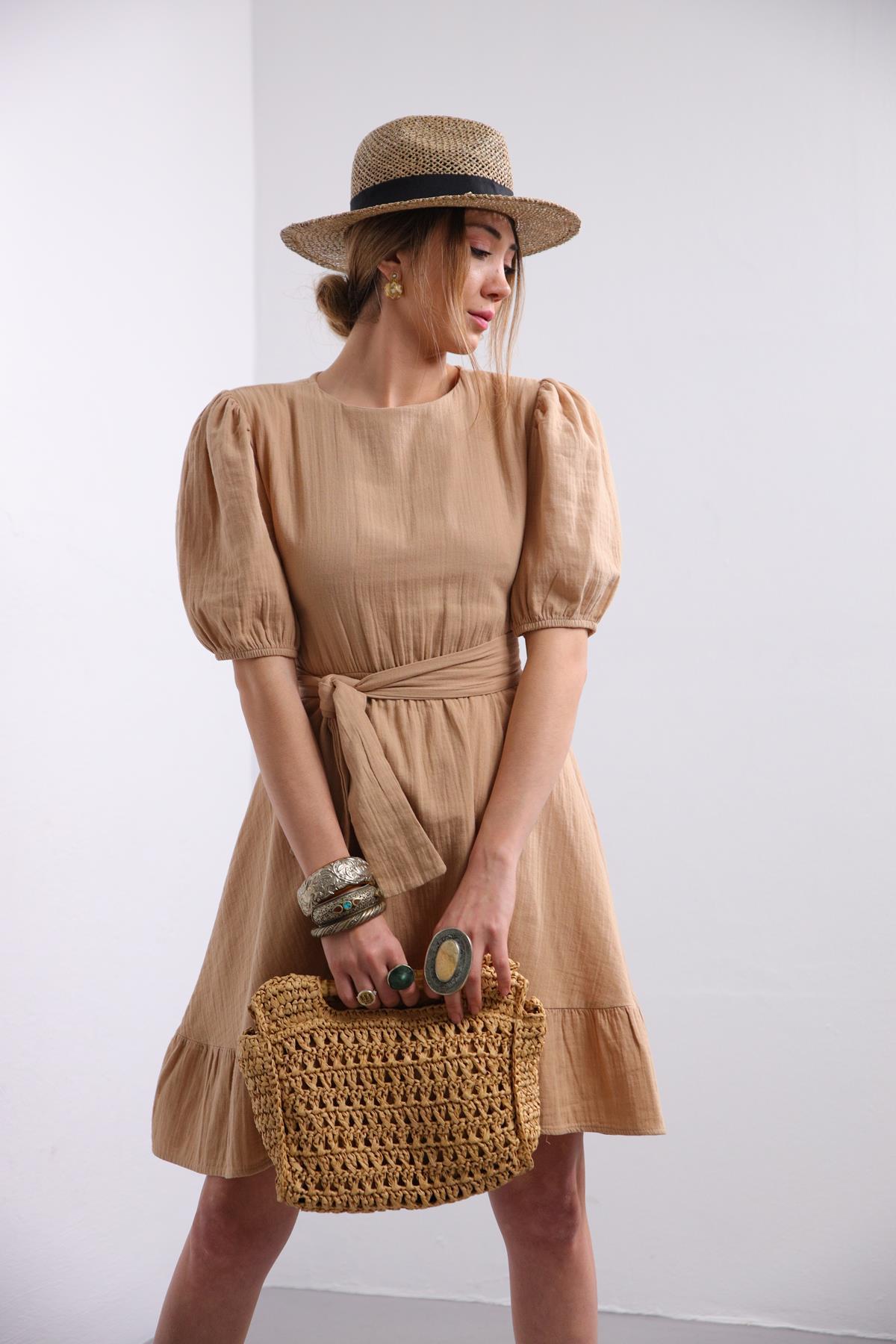 Saman Butik | Shop Online Camel Tie Waist Open Back Dress