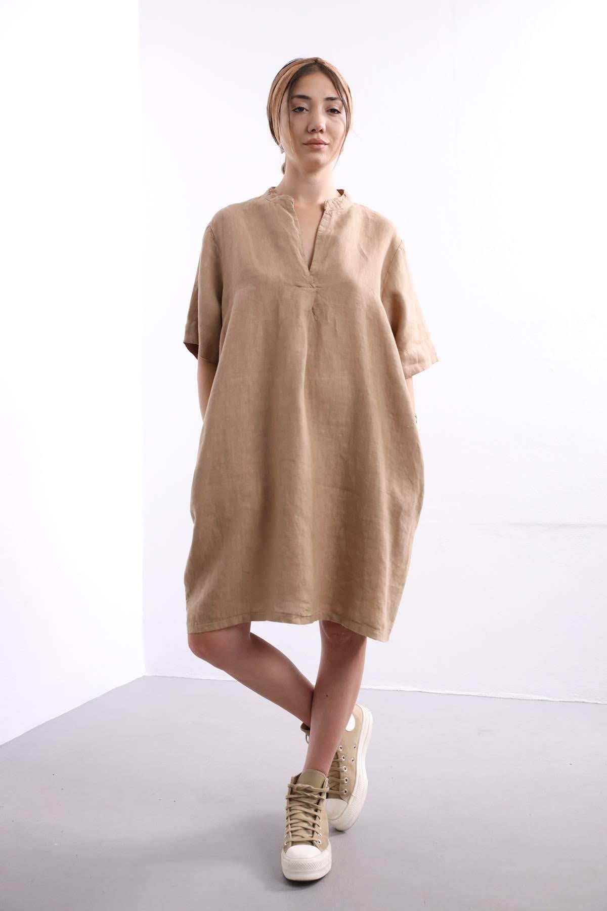 Camel Cepli Keten Elbise - Şaman Butik Camel Cepli Keten Elbise