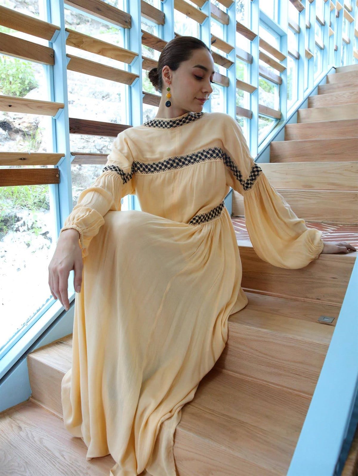 Camel Rengi Sırt Detaylı Balon Kol Elbise - Şaman Butik Camel Rengi Sırt Detaylı Balon Kol Elbise