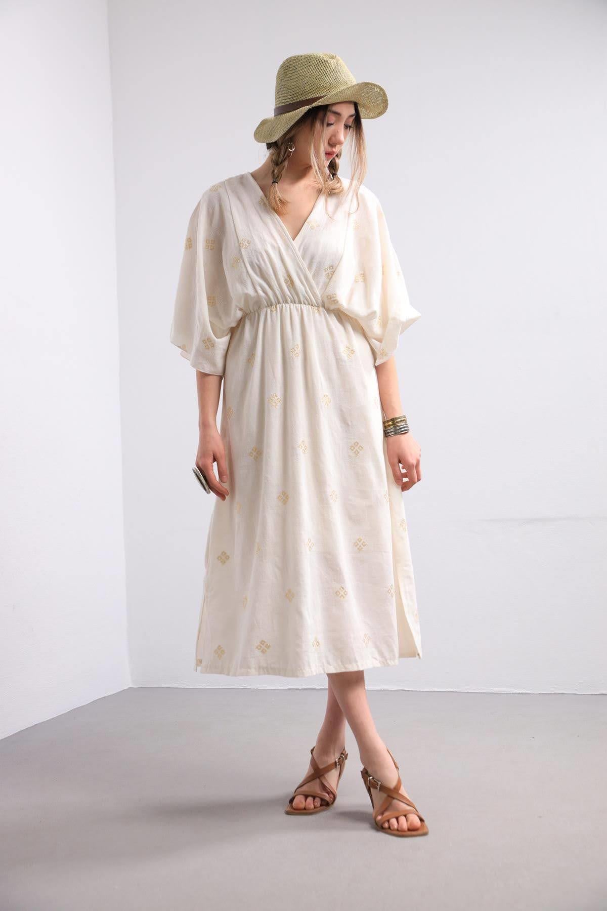 Ekru İşlemeli Bohem Elbise - Şaman Butik Ekru İşlemeli Bohem Elbise