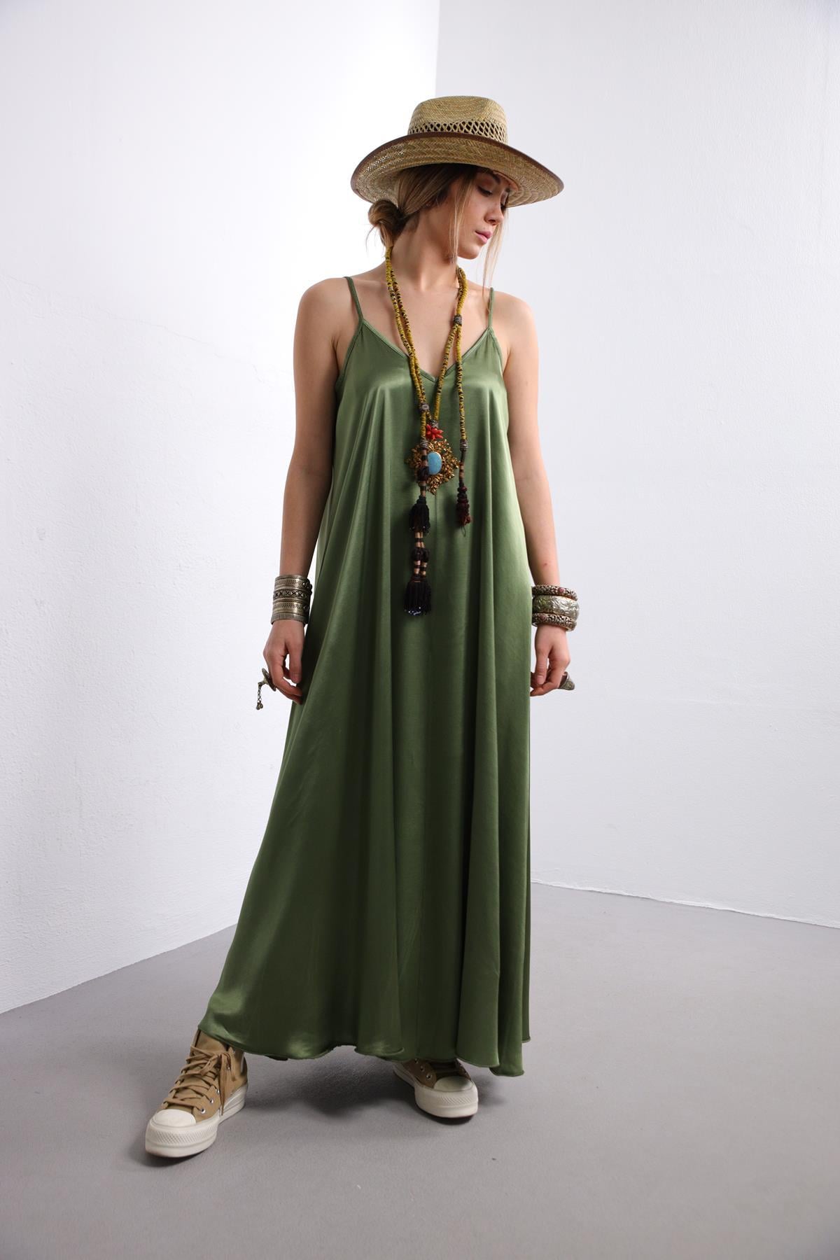 Haki Askılı Uzun Elbise - Şaman Butik - Bohem Giyim ve Aksesuar | Kadın & Erkek Haki Askılı Uzun Elbise
