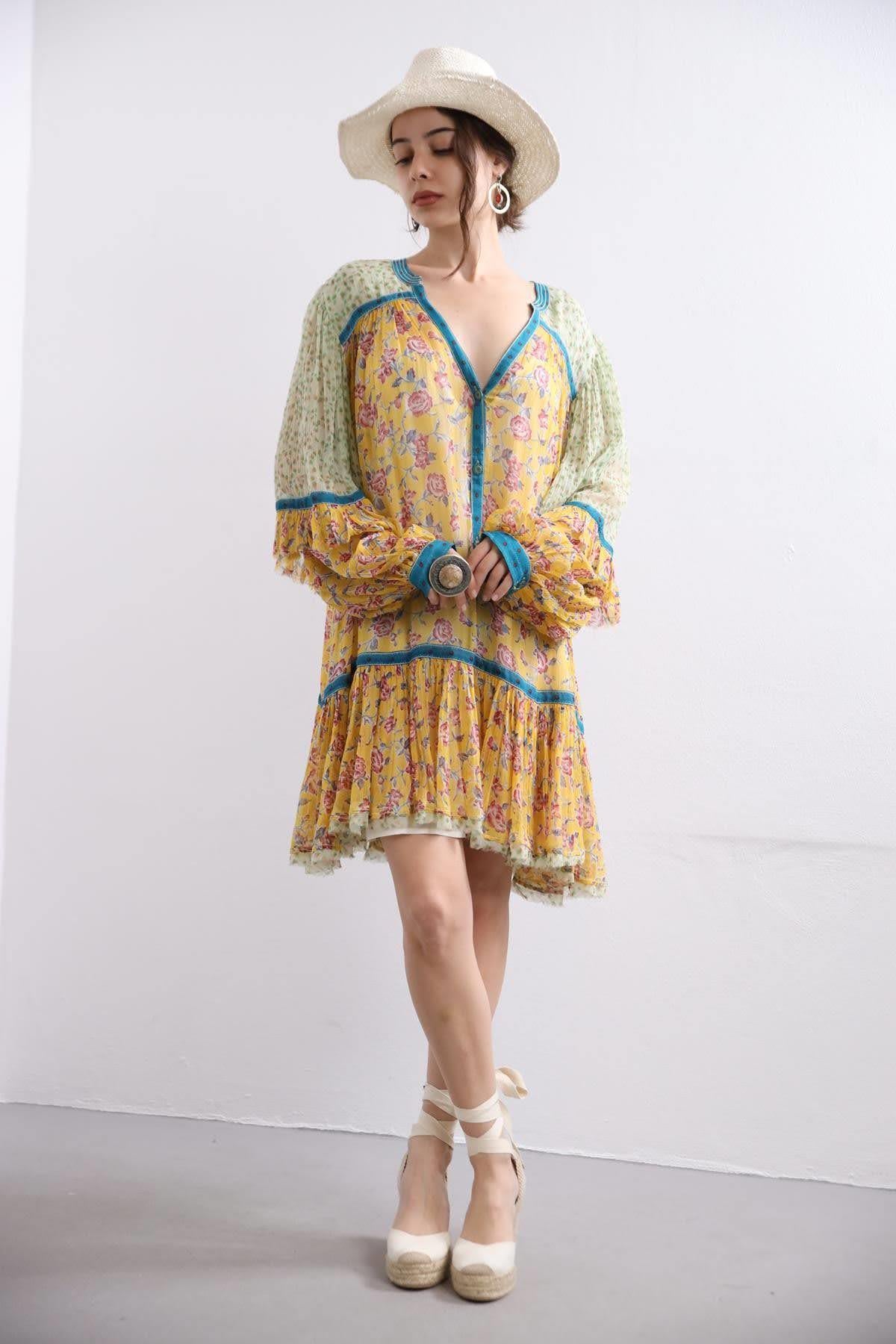 Hardal Desenli Şifon Elbise - Şaman Butik Hardal Desenli Şifon Elbise