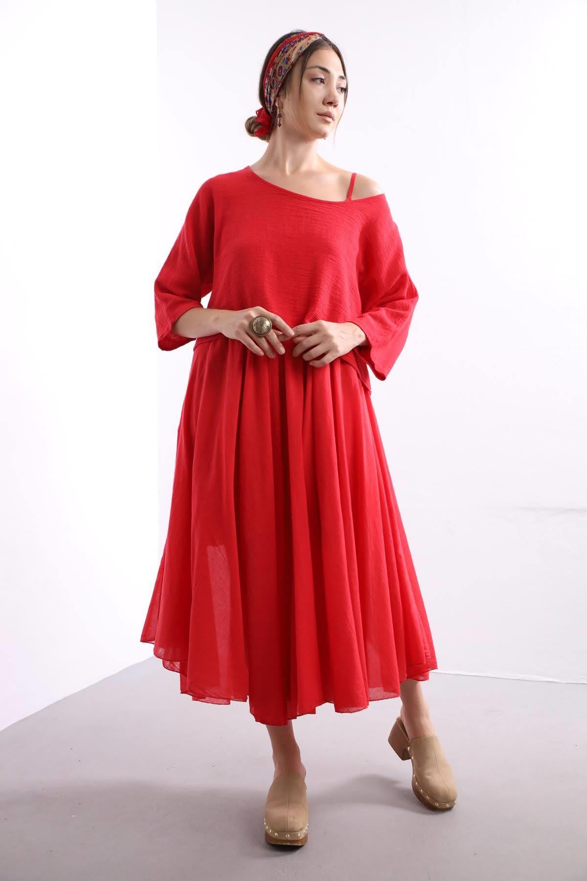 Kırmızı Askılı Bluz Detaylı Elbise - Şaman Butik Kırmızı Askılı Bluz Detaylı Elbise