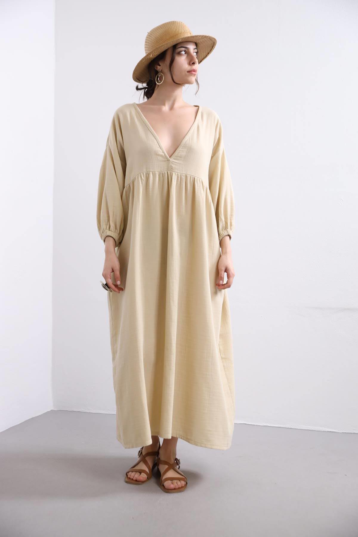 Krem Rengi Kolları Biyeli Müslin Elbise - Şaman Butik Krem Rengi Kolları Biyeli Müslin Elbise