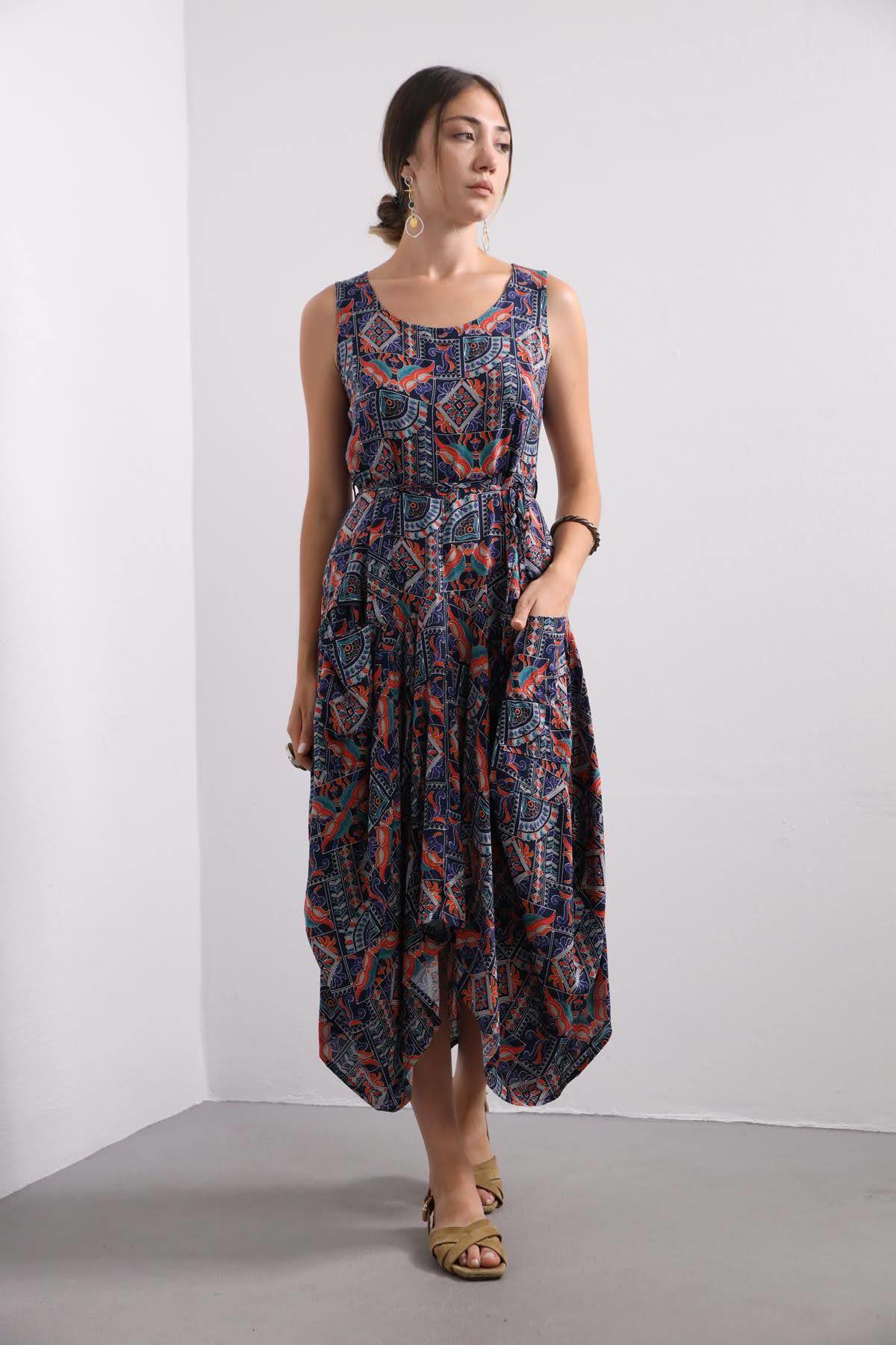  Navy Blue Patterned Scoop Neck Dress