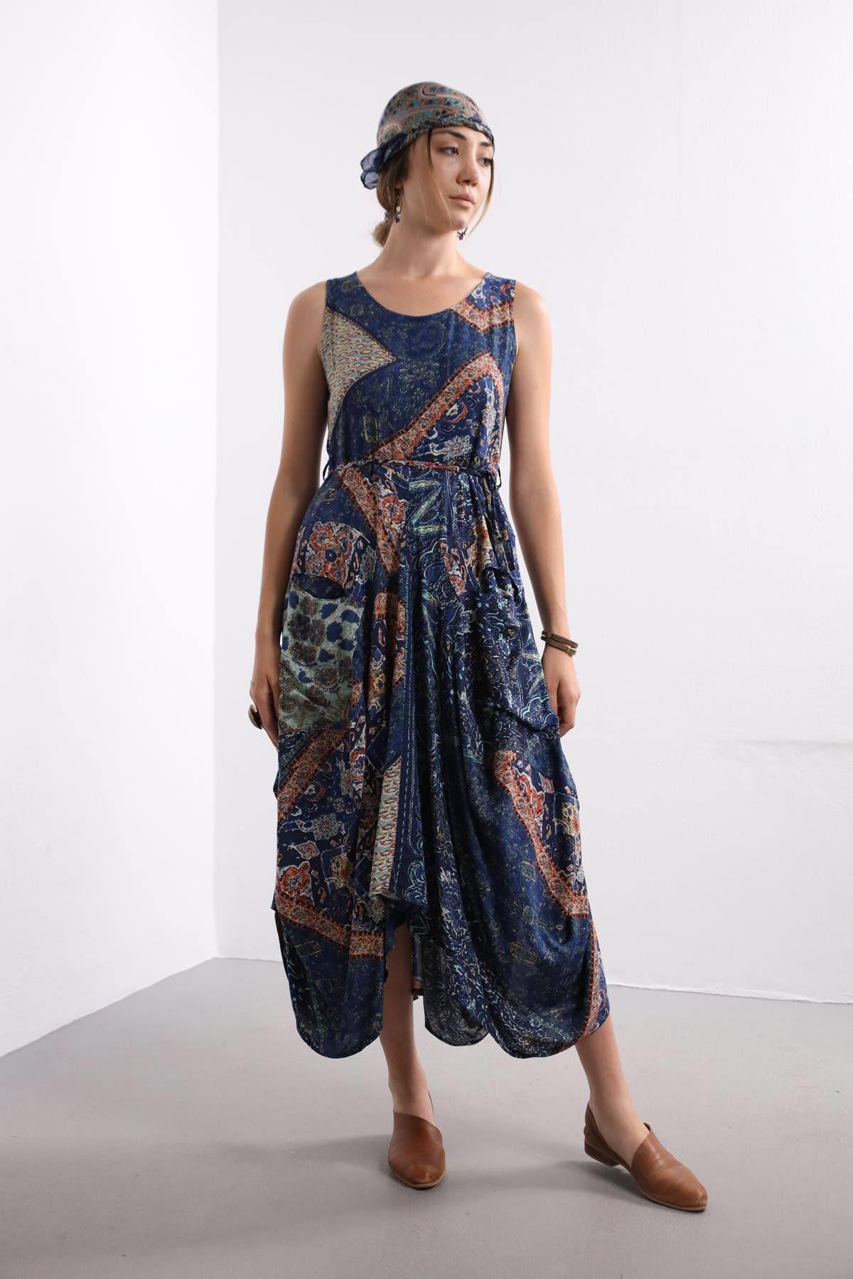  Navy Blue Patterned Scoop Neck Dress