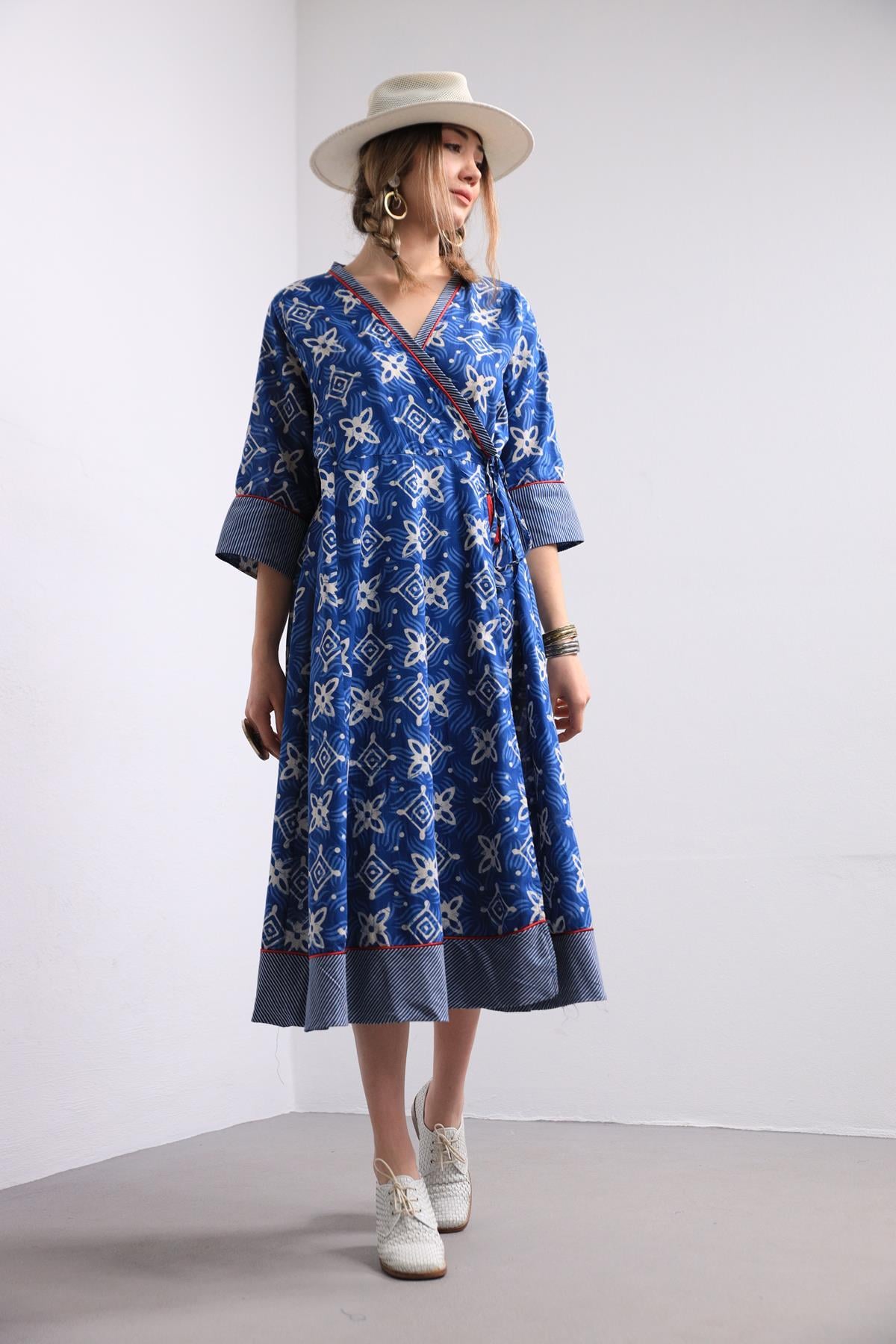 Navy Blue Patterned Double Breasted Tie Detail Dress - Saman Butik | Shop Online Navy Blue Patterned Double Breasted Tie Detail Dress