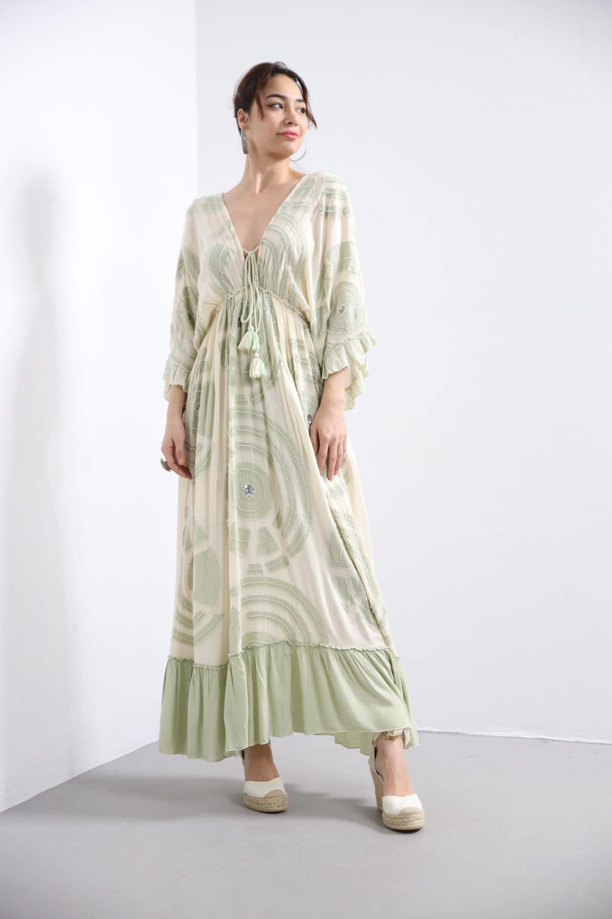 Mint Yeşili Boncuklu Kolları Fırfırlı Bohem Elbise - Şaman Butik Mint Yeşili Boncuklu Kolları Fırfırlı Bohem Elbise