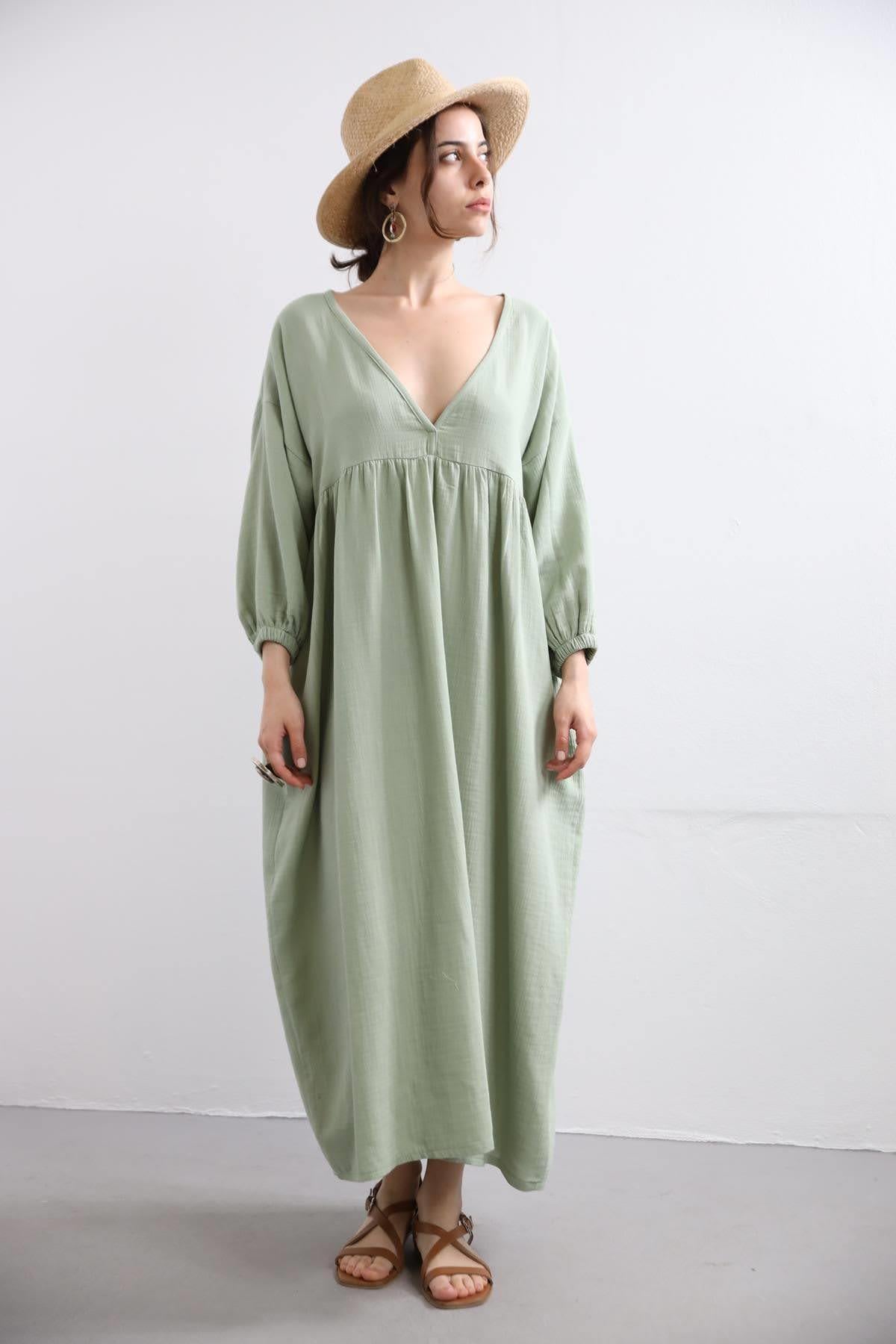 Mint Yeşili Kolları Biyeli Müslin Elbise - Şaman Butik Mint Yeşili Kolları Biyeli Müslin Elbise
