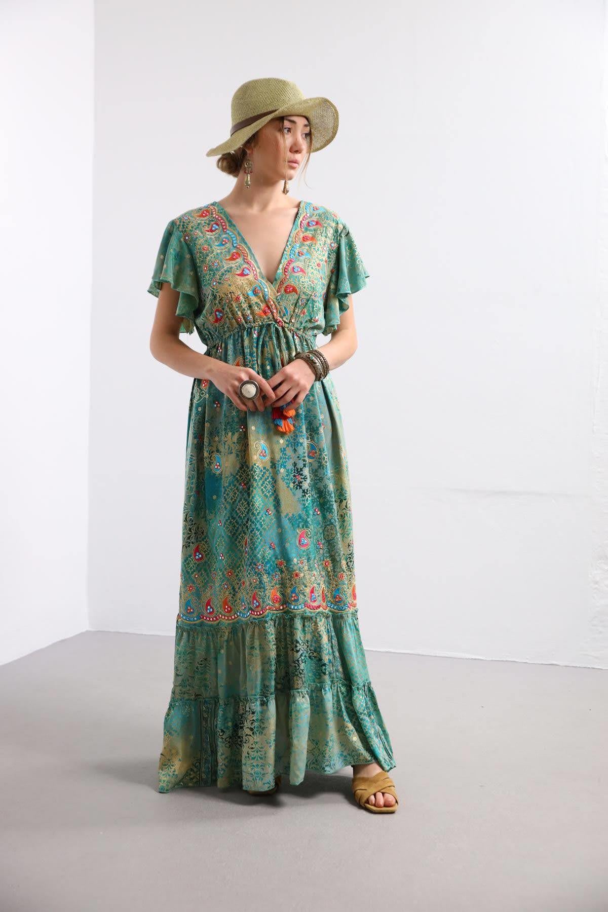 Mint Yeşili Pullu İşlemeli Kısa Kollu V Yaka Elbise - Şaman Butik Mint Yeşili Pullu İşlemeli Kısa Kollu V Yaka Elbise