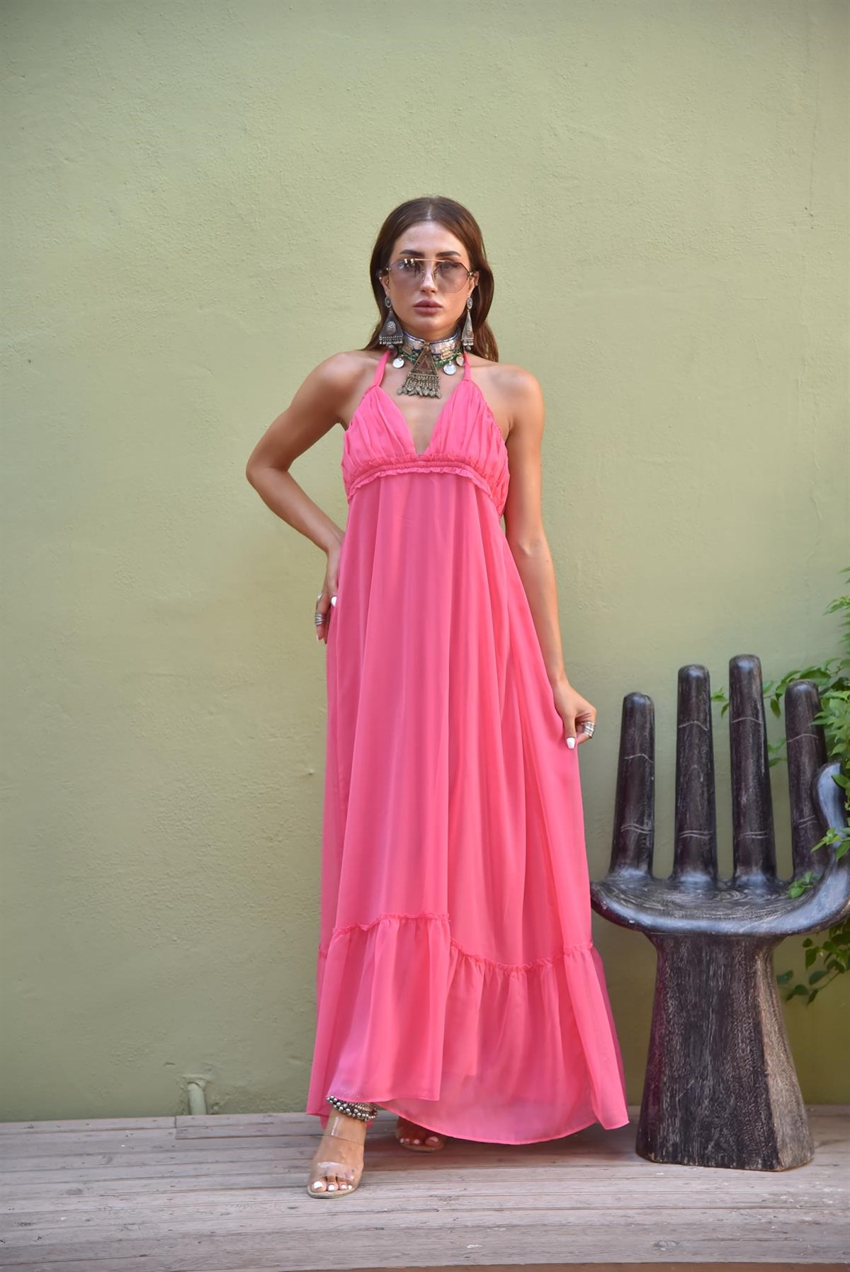 Pembe Boyundan Bağlamalı Şifon Elbise