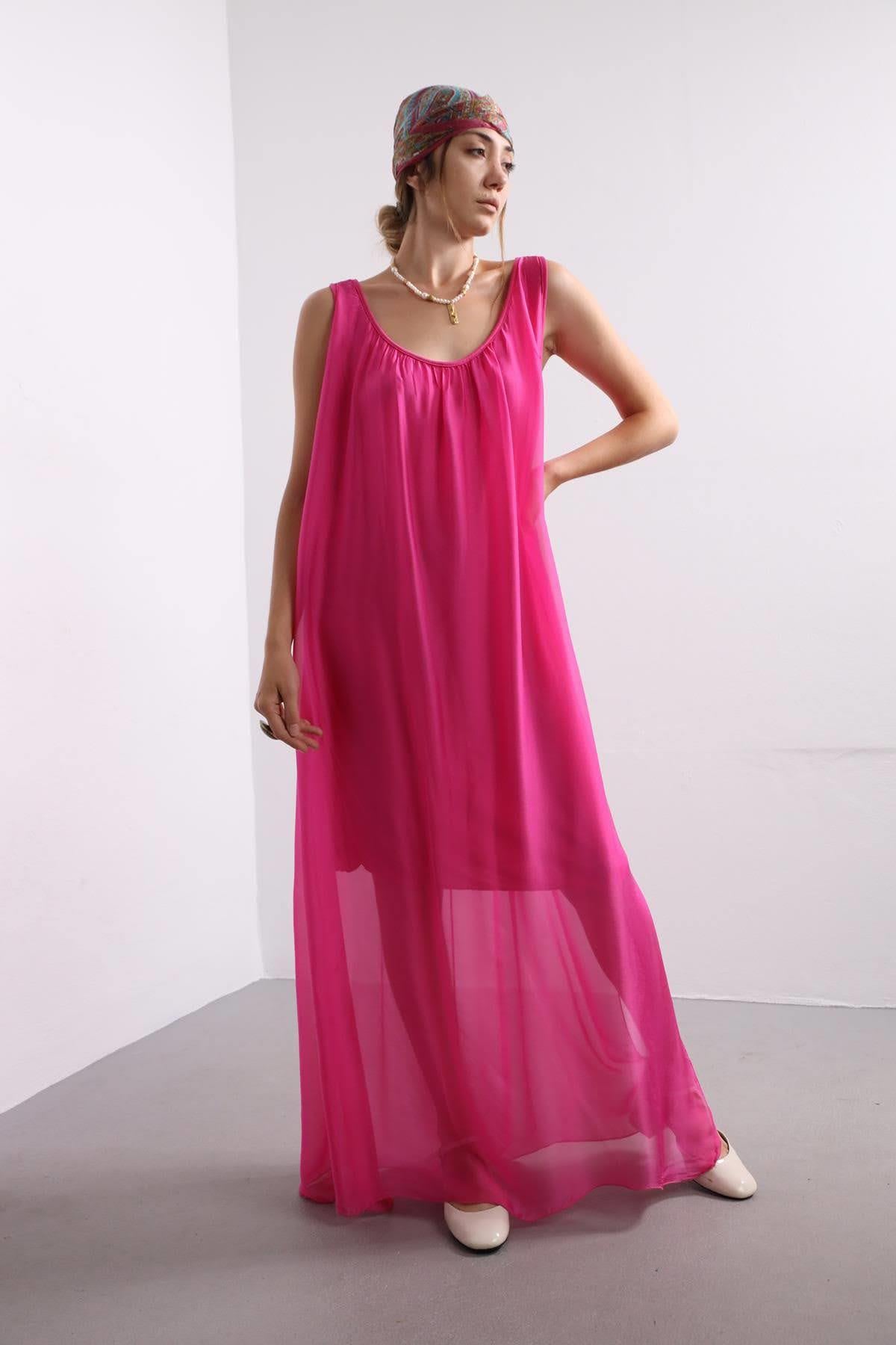 Pembe Kalın Askılı İpek Elbise - Şaman Butik Pembe Kalın Askılı İpek Elbise