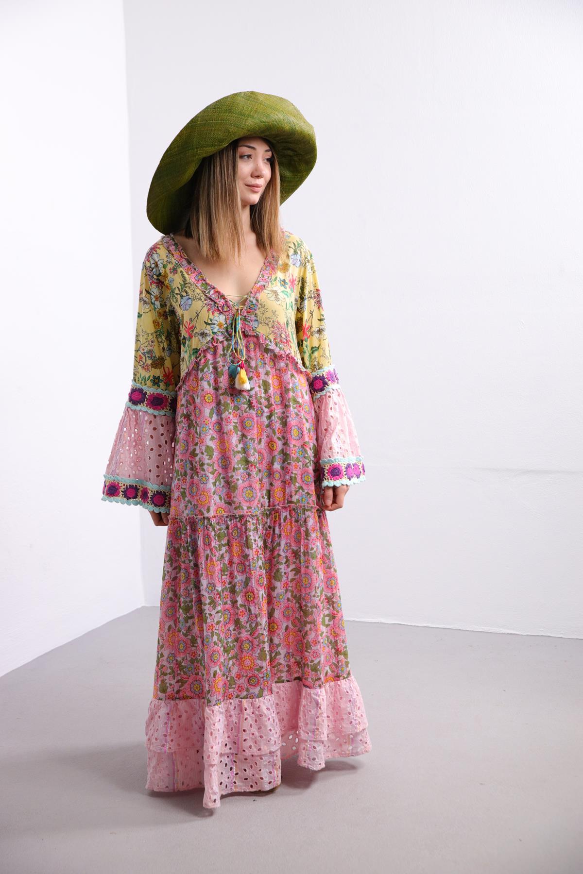 Colourful Floral Patterned V-Neck Long Dress