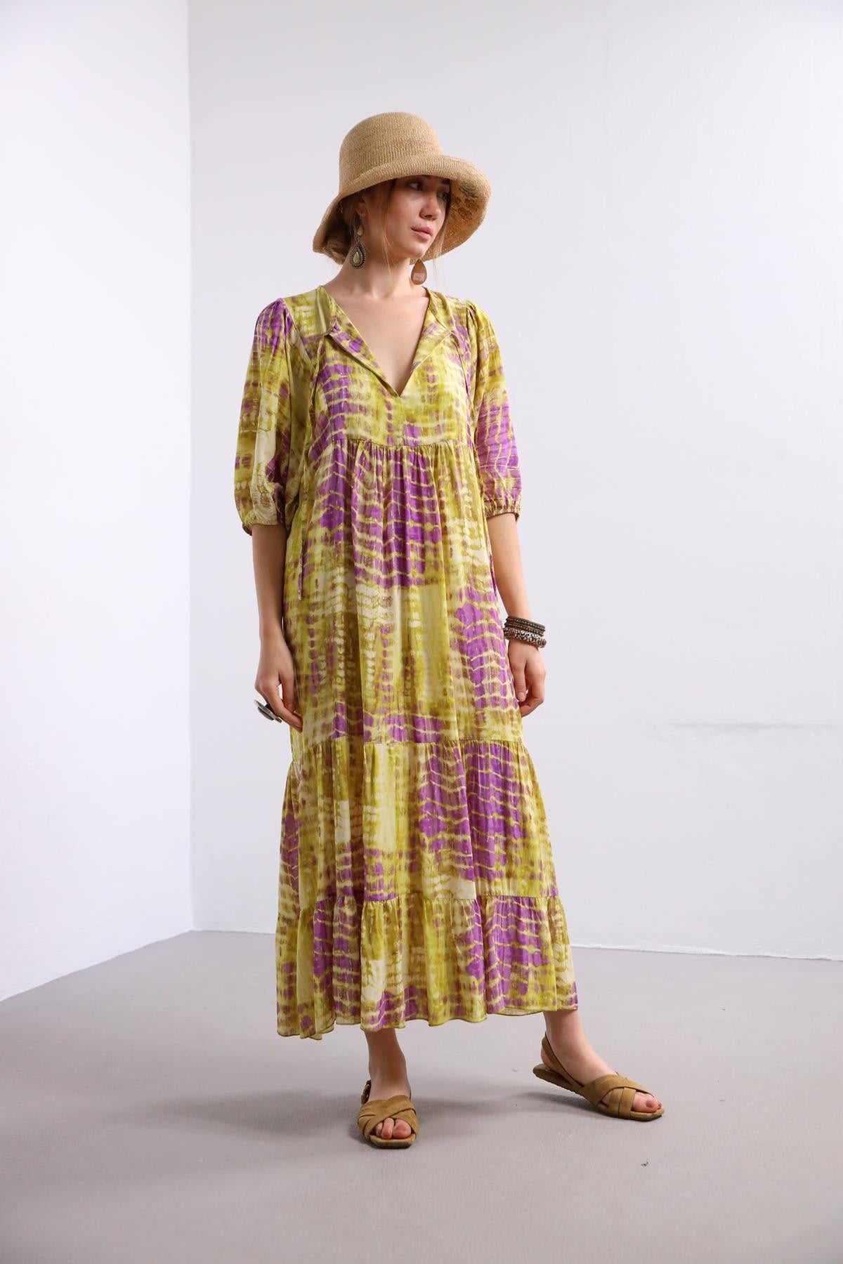 Sarı Lila Batikli Kolu Biyeli Elbise - Şaman Butik Sarı Lila Batikli Kolu Biyeli Elbise