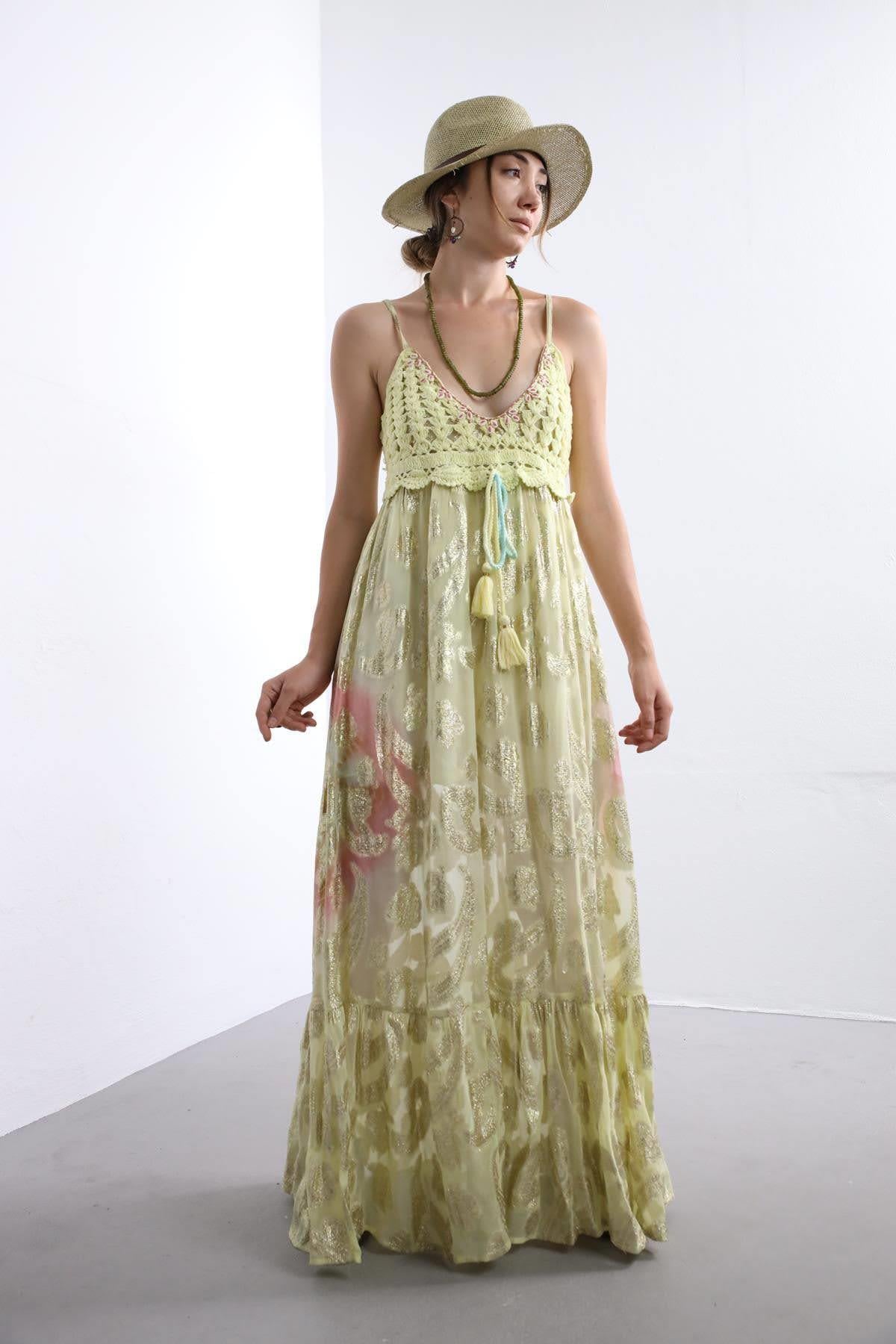 Sarı Üstü Örgü İşlemeli Bohem Elbise - Şaman Butik Sarı Üstü Örgü İşlemeli Bohem Elbise