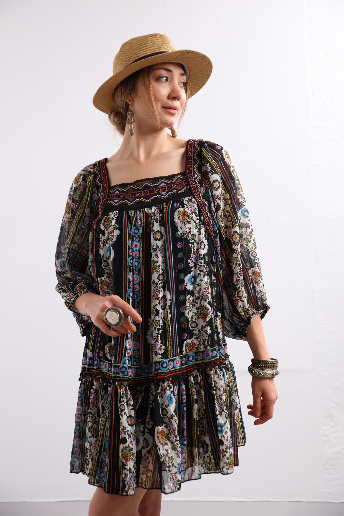Navy Blue Floral Stitched Waist Shirt Dress - Şaman Butik Black Ruffle Hem Embroidered Chiffon Boho Dress