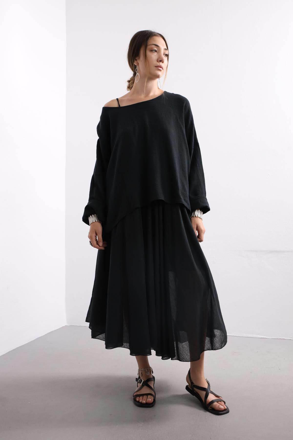 Siyah Askılı Bluz Detaylı Elbise - Şaman Butik Siyah Askılı Bluz Detaylı Elbise