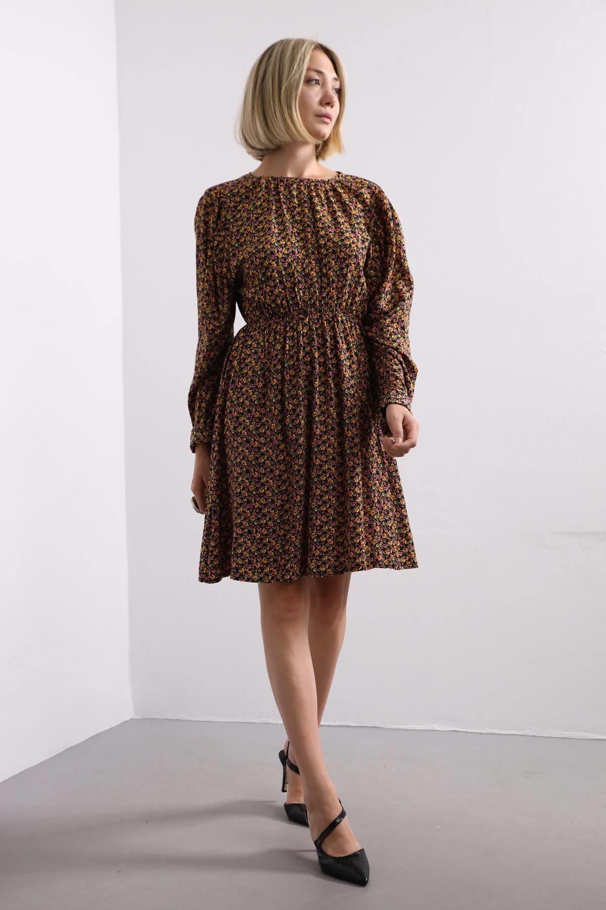 Black Floral Elastic Waist Midi Dress - Şaman Butik | Shop Online Black Floral Elastic Waist Midi Dress