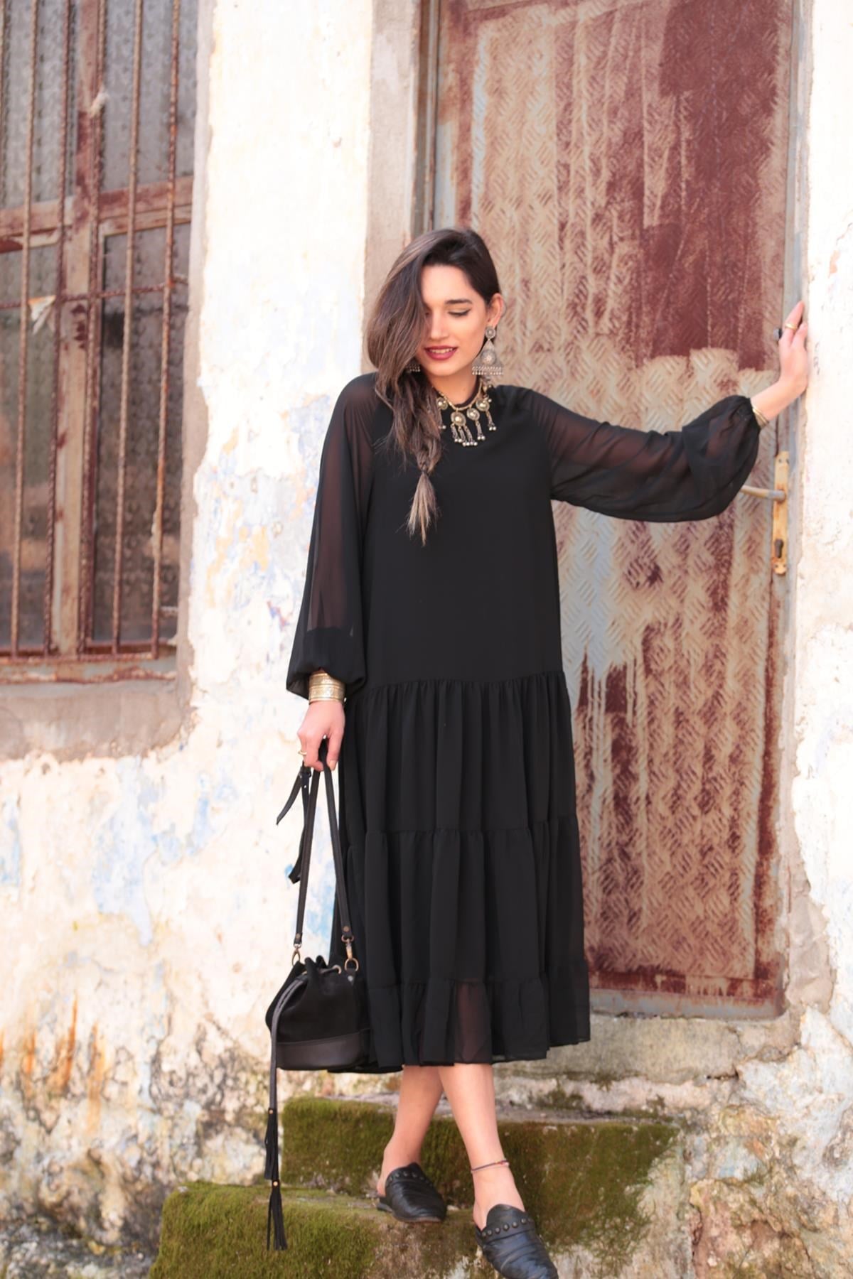 Siyah Eteği Fırfırlı Maxi Boy Elbise - Şaman Butik Siyah Eteği Fırfırlı Maxi Boy Elbise
