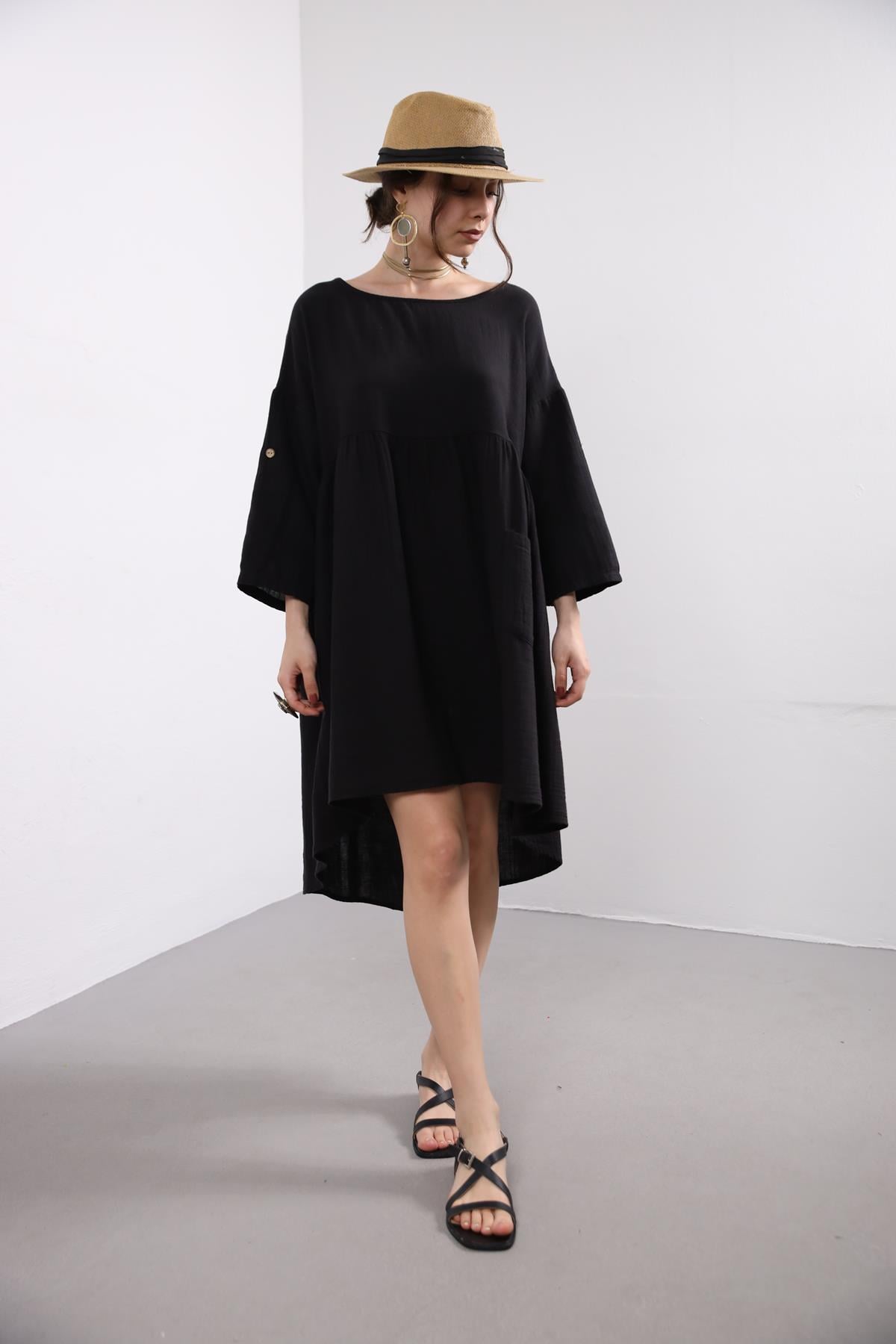 Siyah Tek Cepli Bisiklet Yaka Elbise - Şaman Butik Siyah Tek Cepli Bisiklet Yaka Elbise